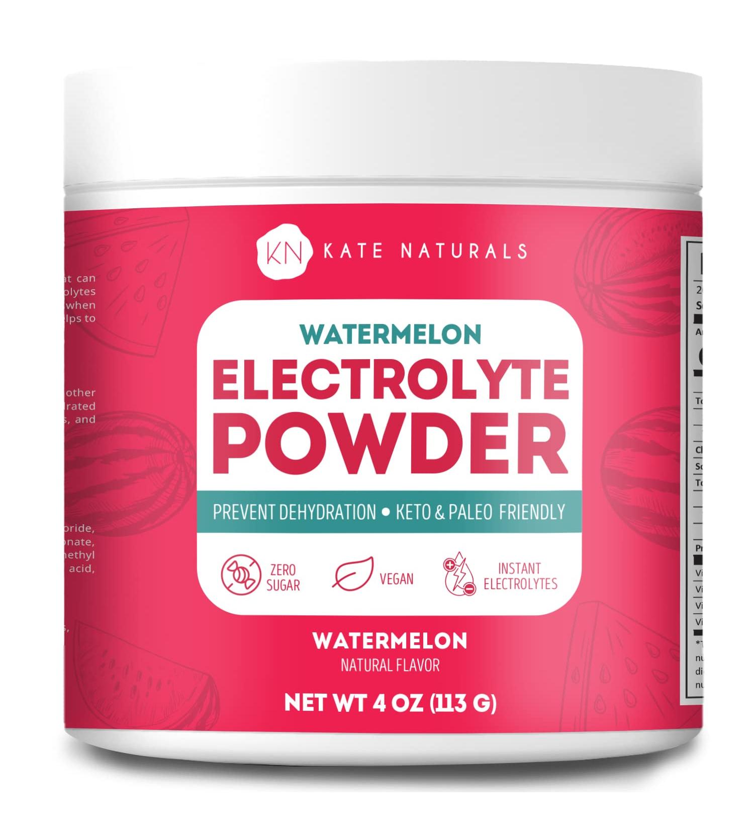 Kate Naturals Watermelon Electrolytes Powder 4oz - Instant Vegan Energy Boost, Prevent Dehydration, Eliminate Cramps - Non-GMO, Keto-Friendly, Zero Sugar - Buy Online on SooperMarket.com