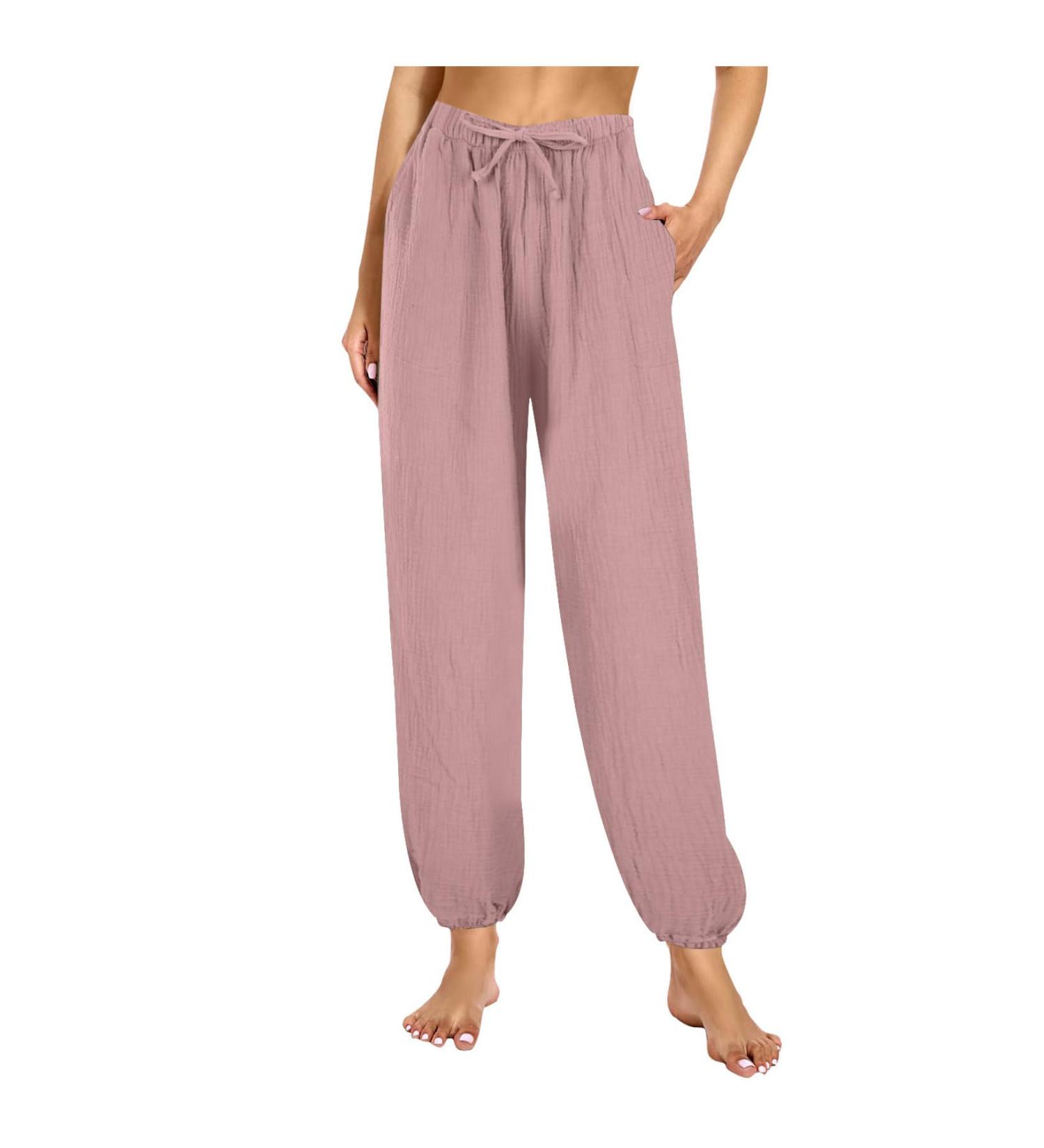 Rytejfes linen pants women summer 7/8 long white light fabric trousers Elegant stretch wide linen cotton summer pants airy short size pumphosis leisure pants 28*% pink xxl