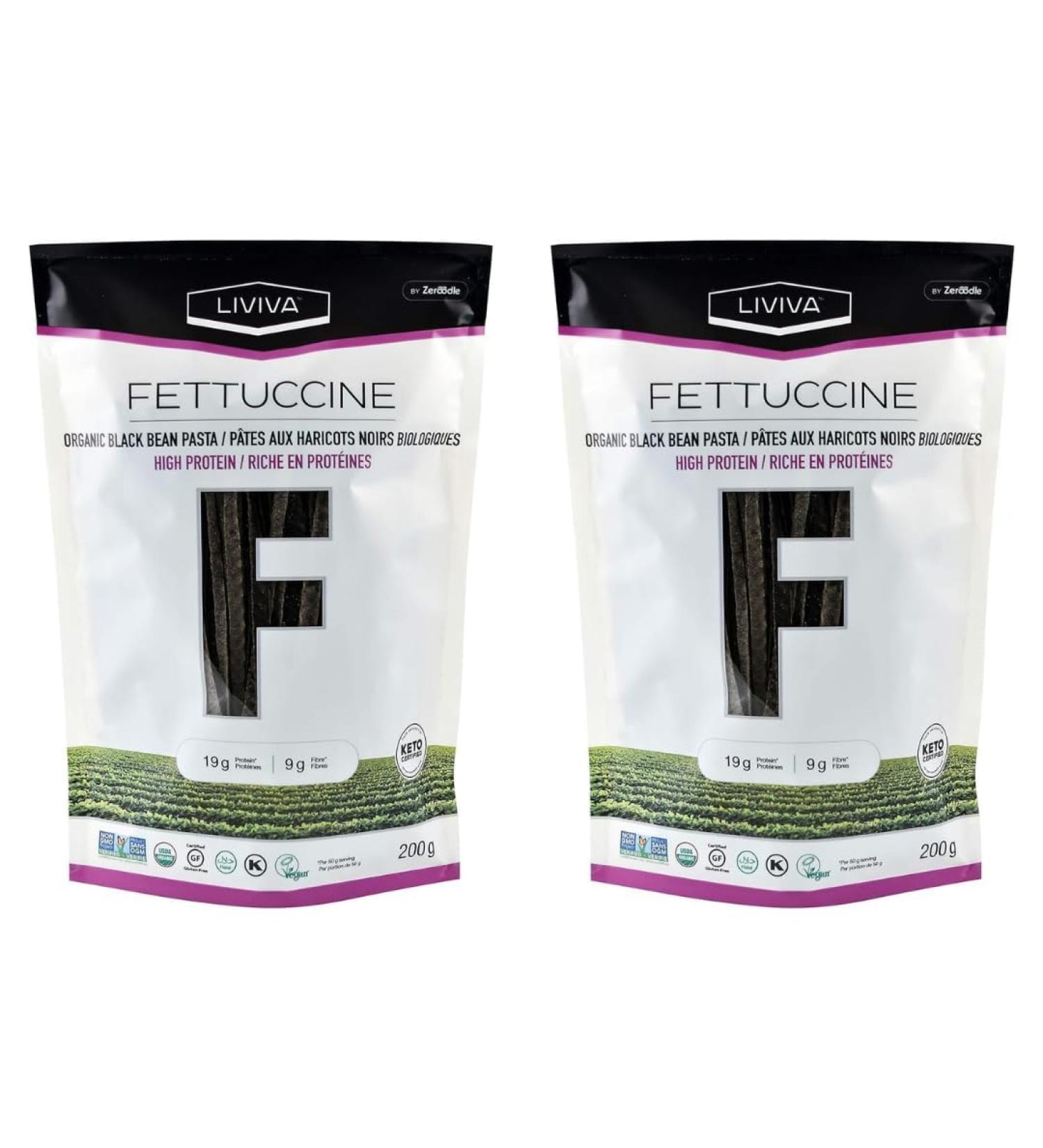 LIVIVA Organic Gluten Free Black Bean Fettuccine Noodle Pasta (2 Pk) 88 g Protein Bag - Certified Plant-Based Non-GMO Kosher Halal Vegan Keto Nutritious Pasta Plant-Based Protein Ready-to-Eat in minutes - Buy Online on SooperMarket.com