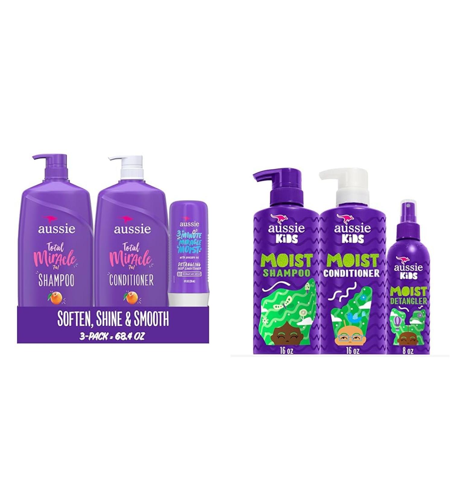 Aussie Total Miracle Shampoo Conditioner and 3 Minute Miracle Treatment Bundle Pack (1 792 mL Total) & Kids Sulfate Free Shampoo Conditioner and Detangler Bundle Paraben Free (1 186 mL Total) - Buy Online on SooperMarket.com