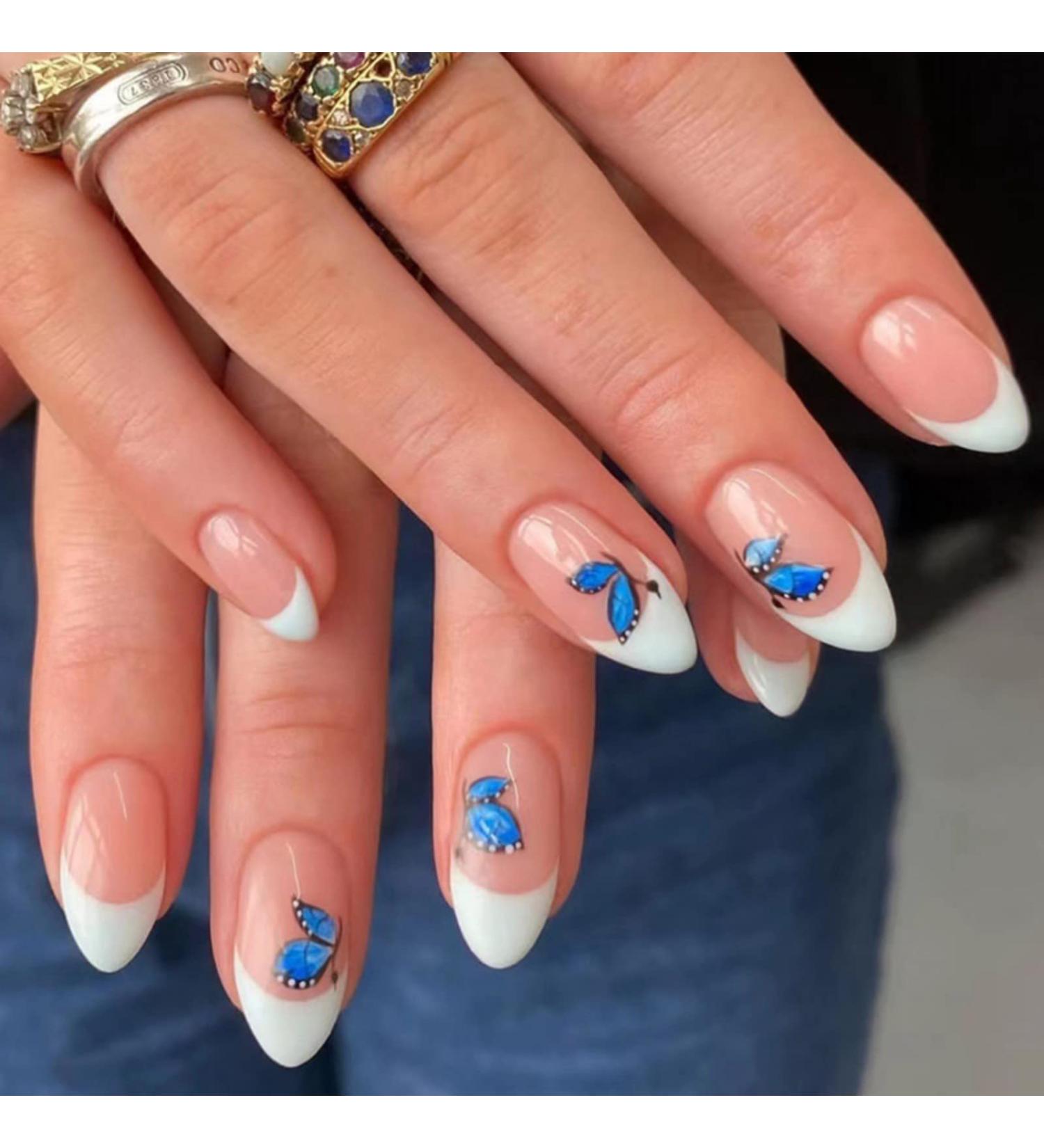Justotry 24 Pcs Butterfly Almond Short False Nails | Milky White French Press on Nails | Nude Fake Nails with Nail Glue | Stiletto Medium Stick on Nails for Women - Buy Online on SooperMarket.com