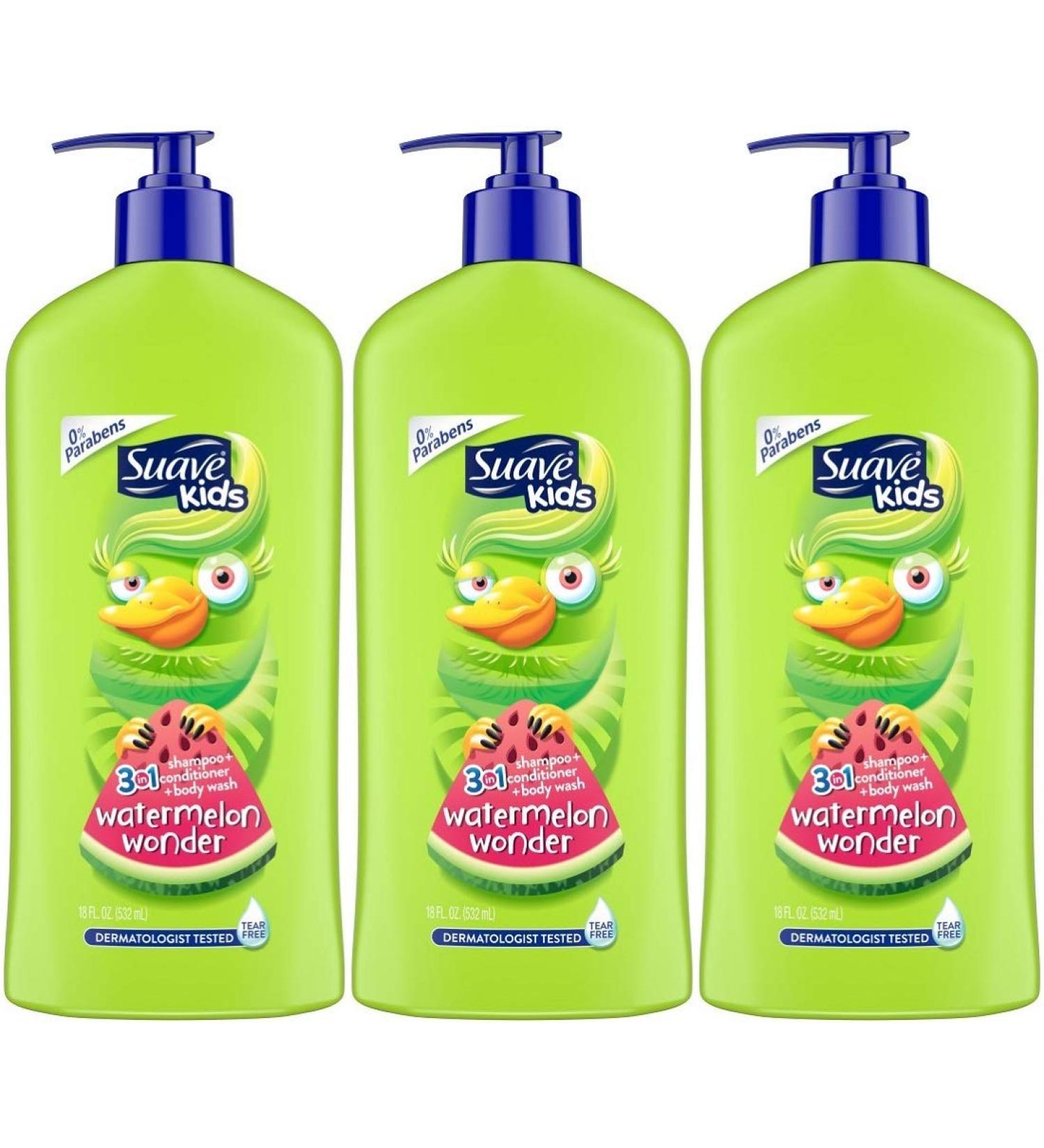 Suave Kids Watermelon Wonder 3-in-1 Shampoo, Conditioner, Body Wash, 18 Ounce (Pack of 3)