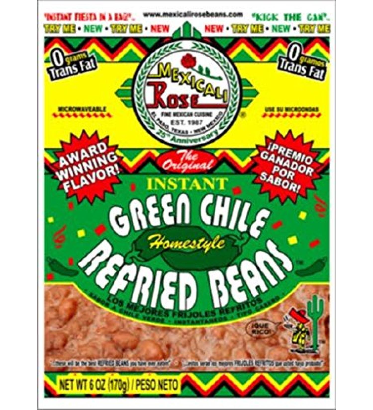 Mexicali Rose Instant Mexican Homestyle Refried Beans 6oz - 7oz Pouch (Pack of 3) (Green Chile 7oz)