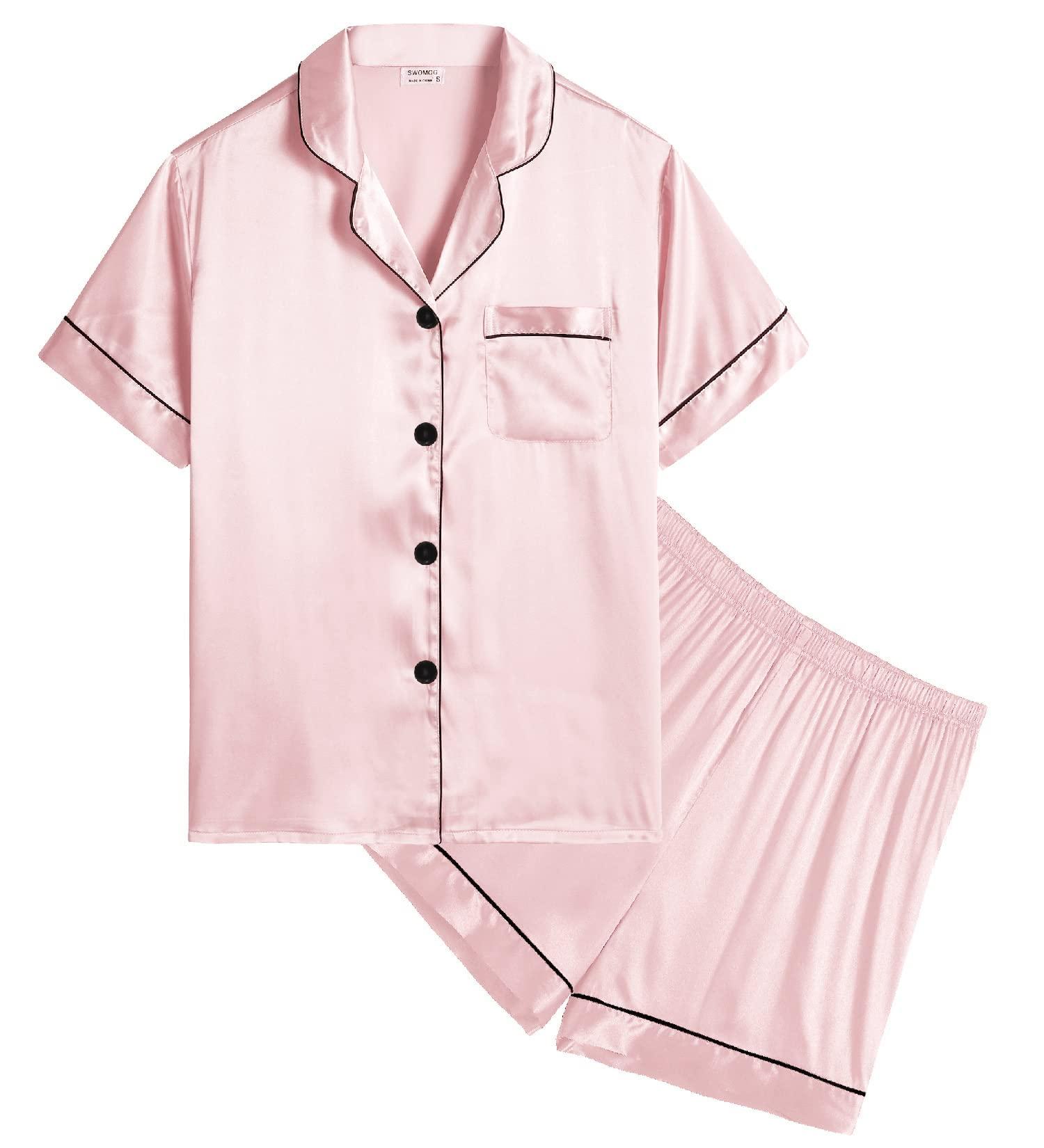 SWOMOG Kids Silk Pyjamas Short Sleeve Satin PJs Set - Sakura Pink - Ages 10-11 Years - Buy Online on SooperMarket.com
