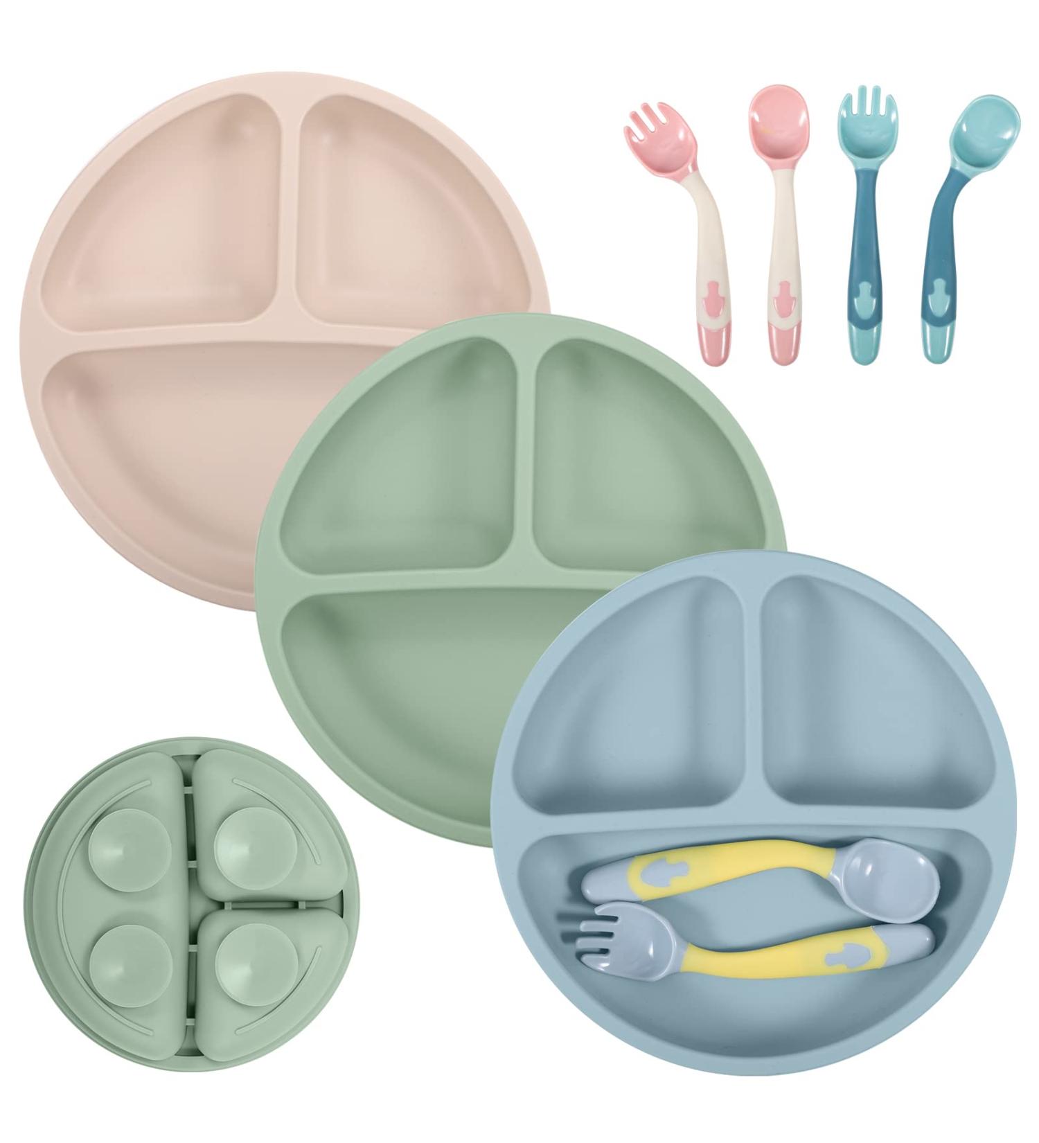 Lanjue 3 Pcs Silicone Baby Suction Plates | Non Slip Divided Dishes with Utensils for Toddler Self Feeding | Ideal for Highchairs Trays | Green Blue Beige - Buy Online on SooperMarket.com