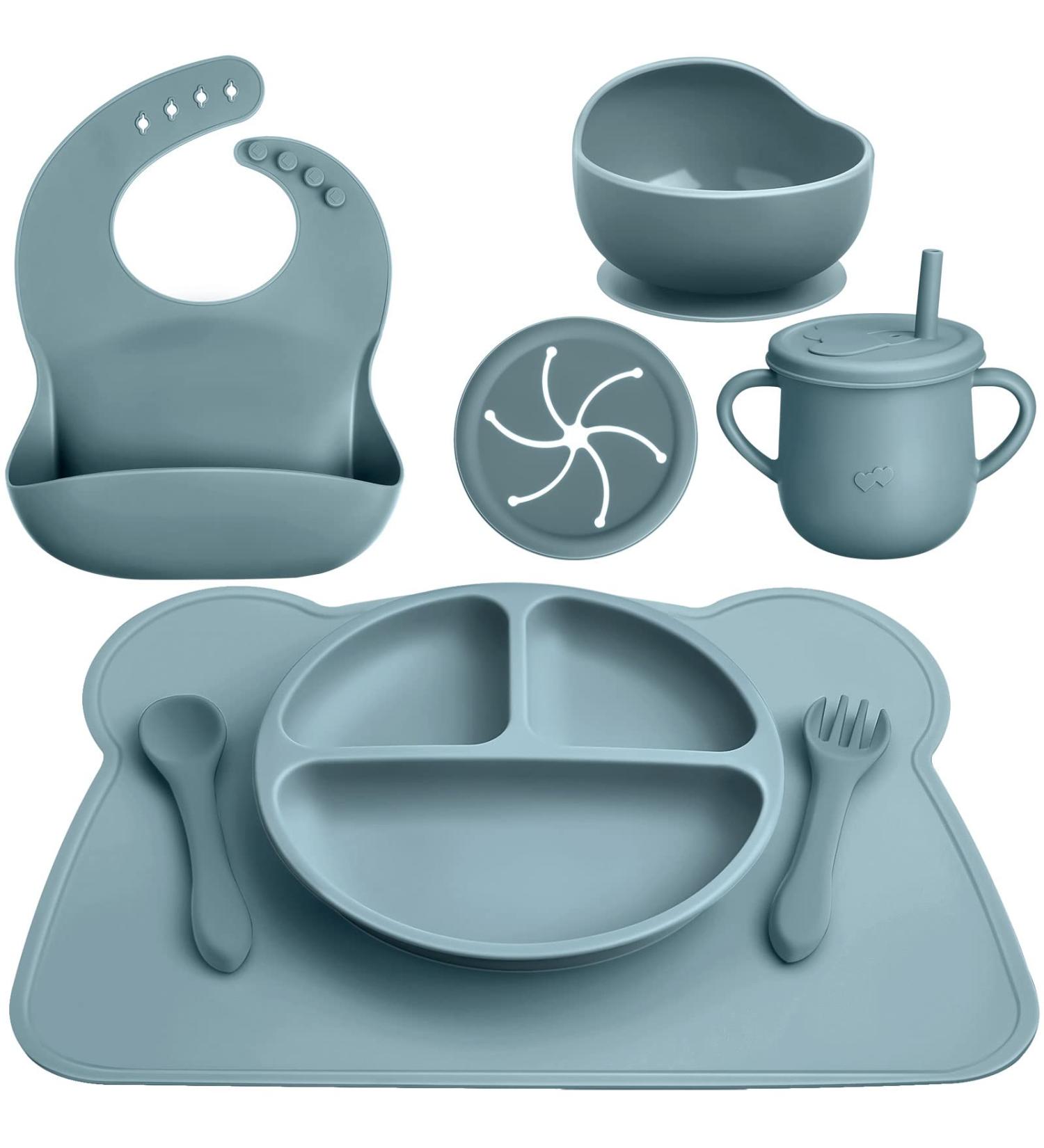 8 Pack Silicone Baby Feeding Set - Divided Plate, Bibs, Suction Bowl, Placemat, Spoon, Fork, Cup with Straw - Toddler Tableware Set (Dusty Blue) - Buy Online on SooperMarket.com