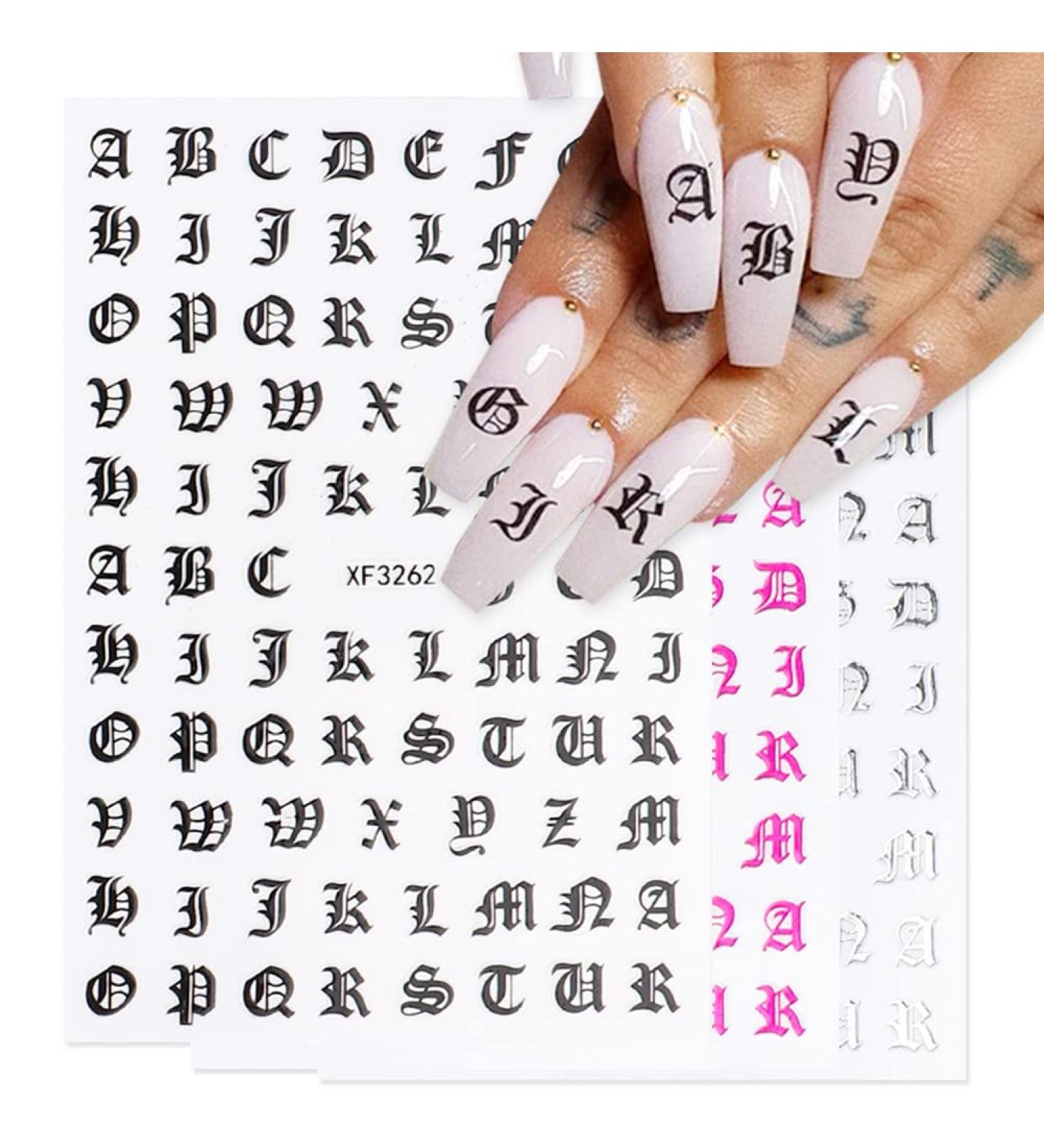 12 Sheets Alphabet Nail Art Stickers - 3D Self-Adhesive Decals - Holographic English Font Manicure Decorations - Buy Online on SooperMarket.com