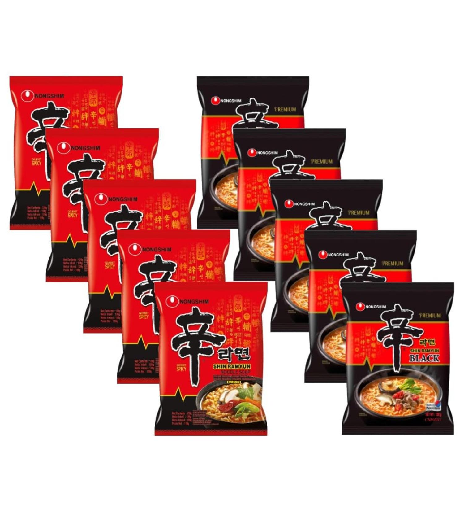 CNMART Nongshim Shin Black Ramyun and Shin Ramyun Instant Ramen Noodle 2 Flavours Assorted Bundle (Pack of 10) - Buy Online on SooperMarket.com