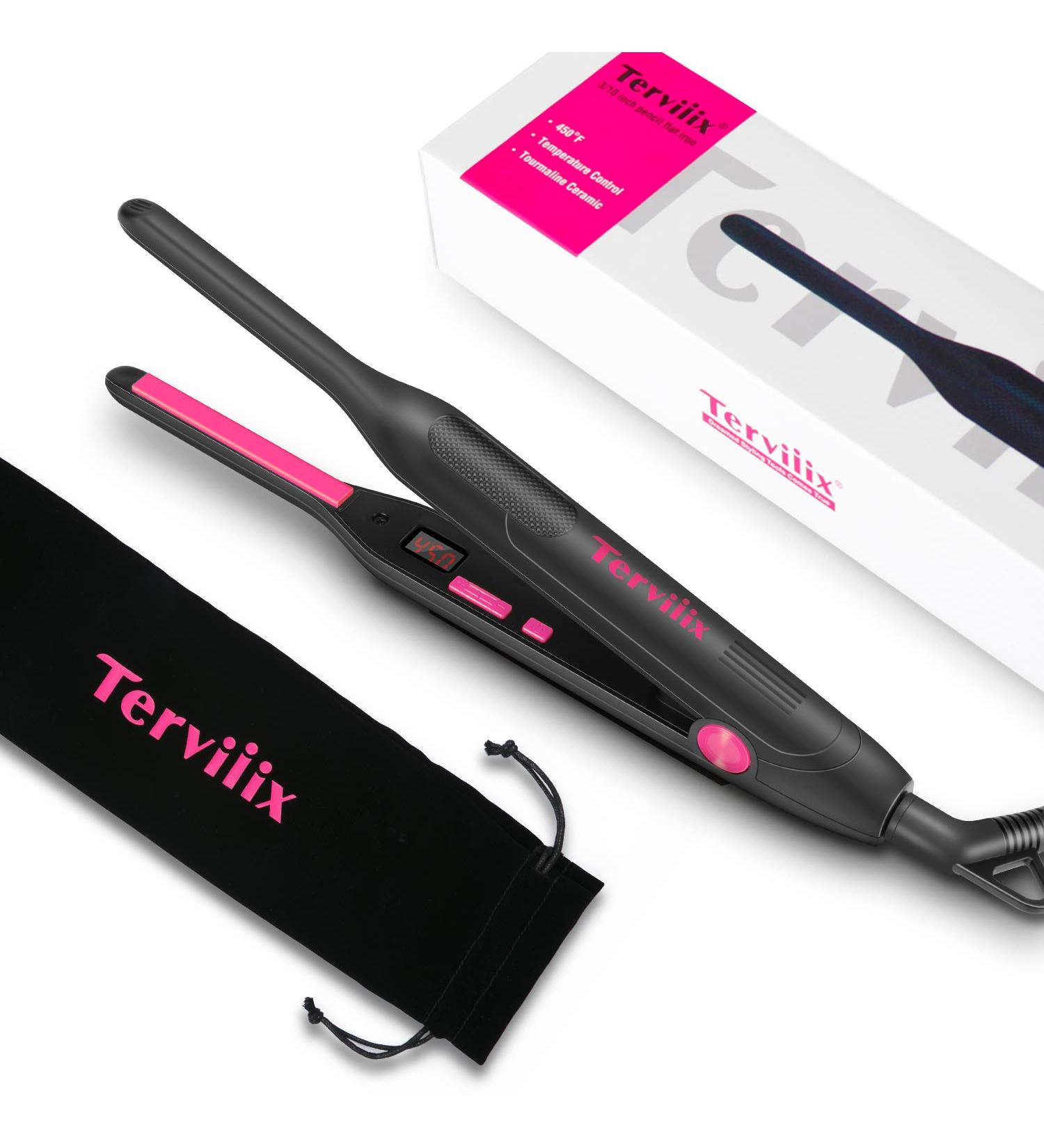 Terviiix Pencil Flat Iron - Mini Hair Straightener for Short Hair, Beard, Pixie Cut - Ceramic Tourmaline, Dual Voltage, Adjustable Temperature - Pink - Buy Online on SooperMarket.com