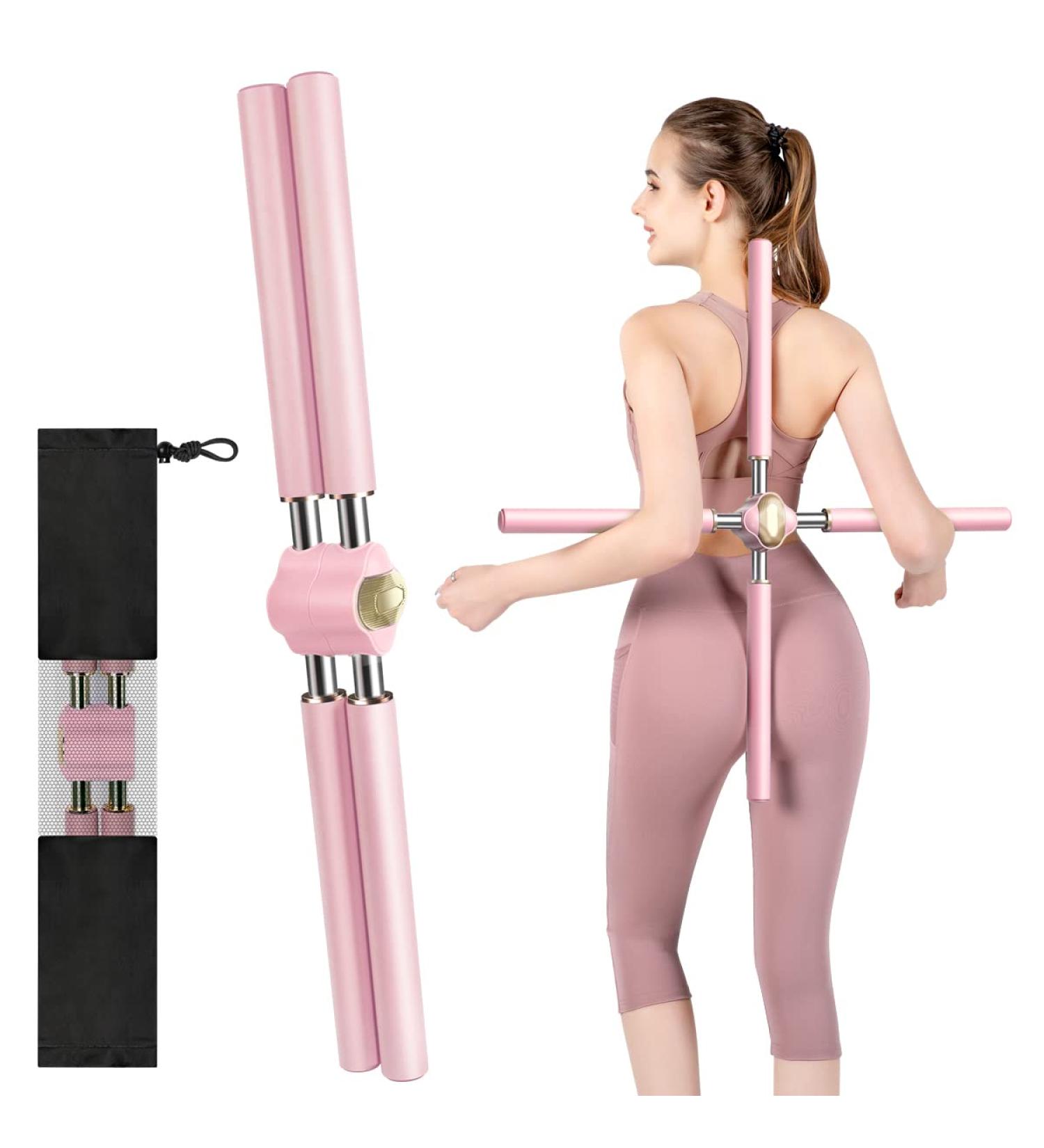 Posture Corrector Yoga Sticks - Retractable Humpback Correction Tool in Pink with Storage Bag - Buy Online on SooperMarket.com
