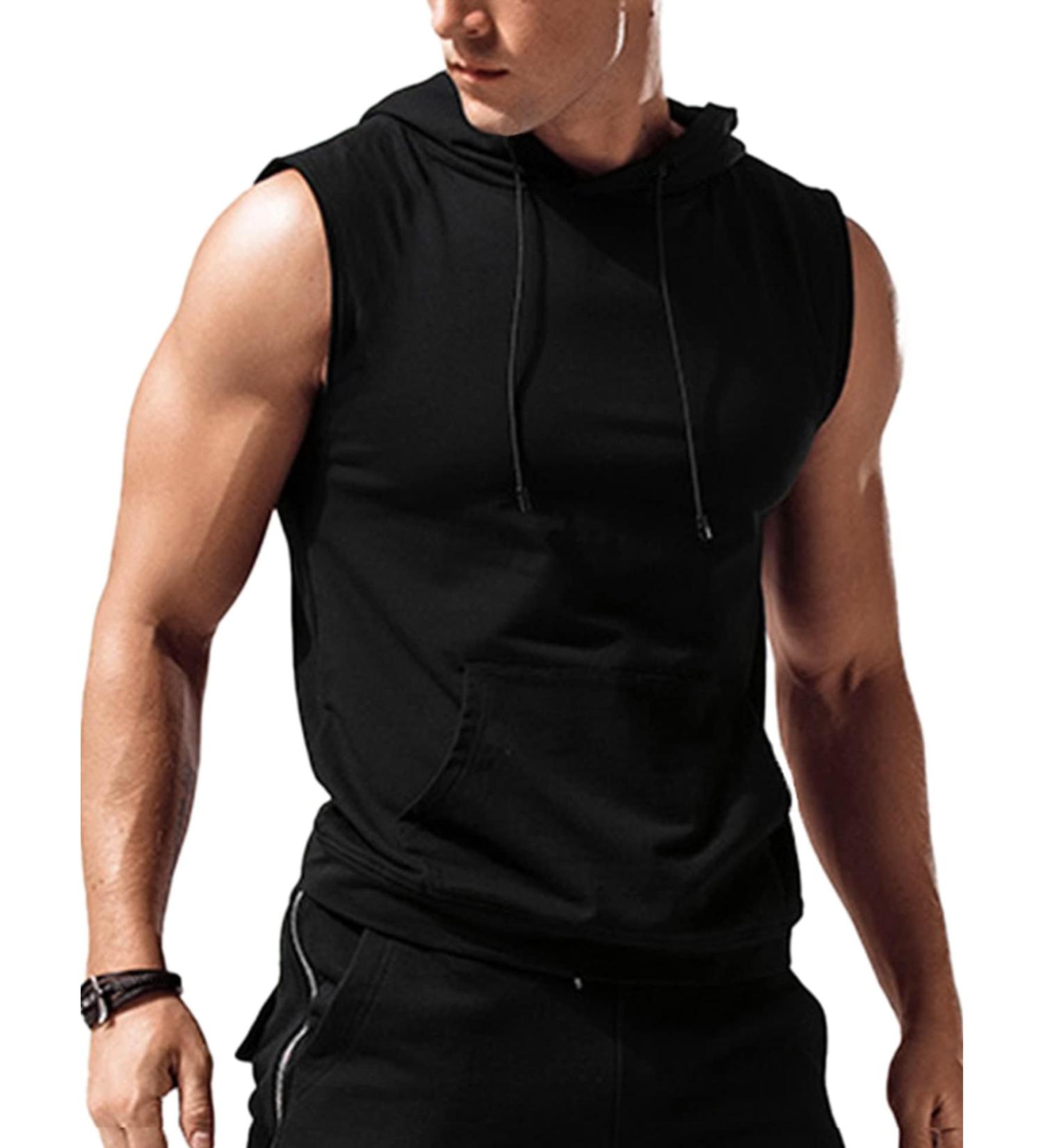 Babioboa Men's Tank Top Gym Hoodie - Sleeveless Fitness Bodybuilding Muscle Shirt with Pockets - Black L - Buy Online on SooperMarket.com