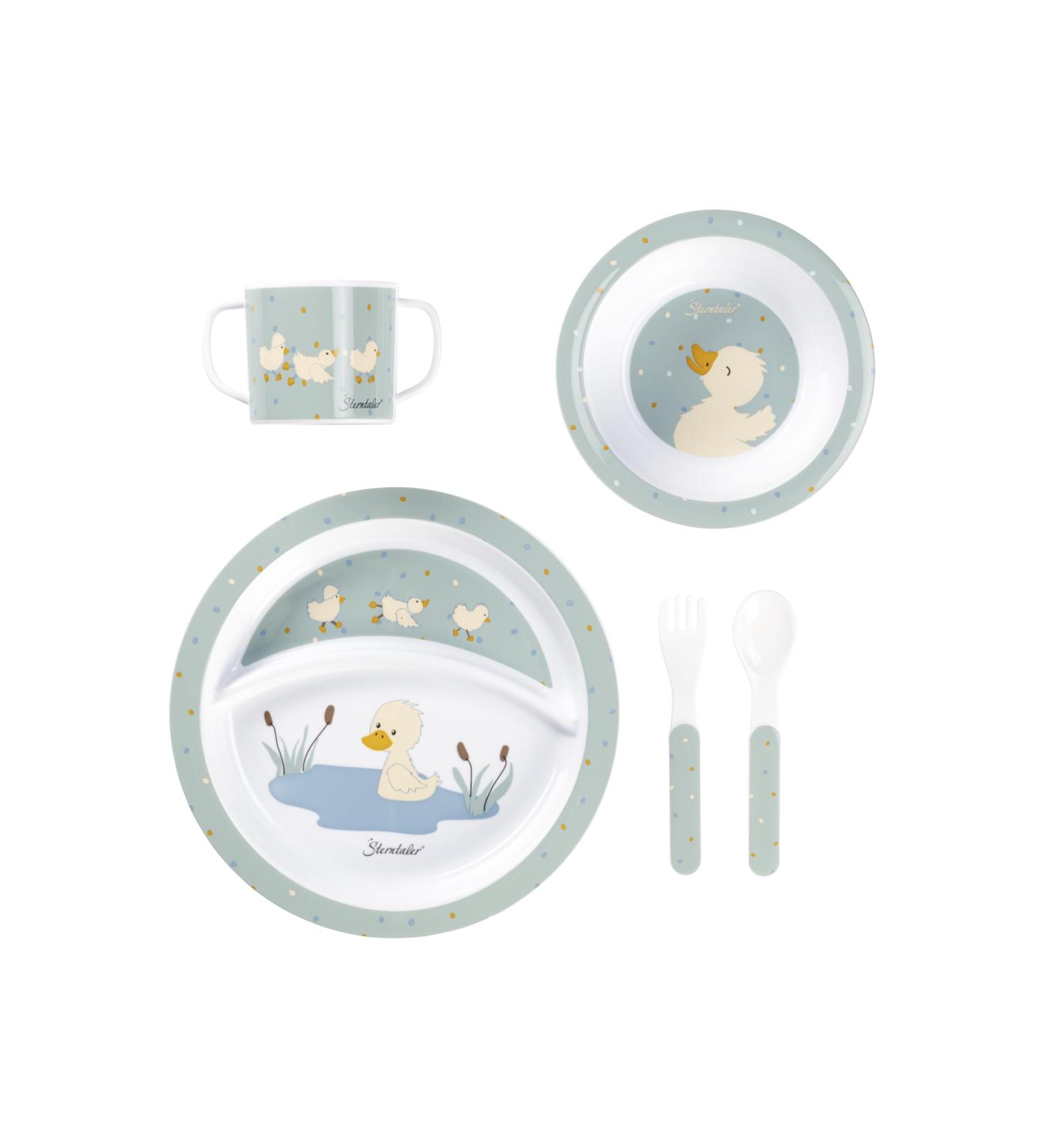 Cockpage Set Duck Edda Lou Steingr n | 5-Piece Dining Set for Kids - Non-Slip Handle Cup Plates Bowl Spoon & Fork - Perfect for Boys & Girls - International Shipping Available - Buy Online on SooperMarket.com