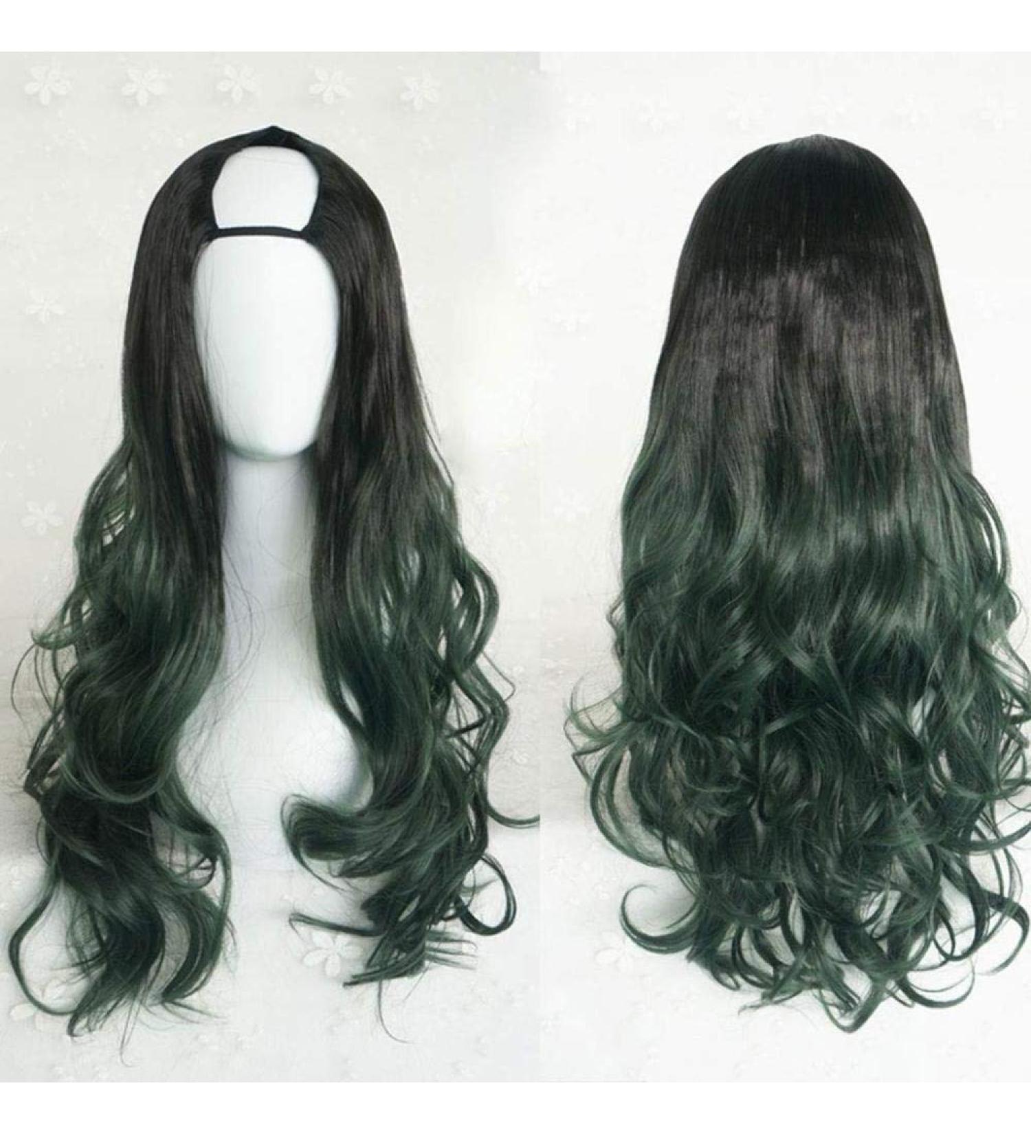 Harajuku Fashion Long Wavy Curly U Shaped Wigs - 28 Heat Resistant Synthetic Hair with Gradient Dark Roots for Girls - Buy Online on SooperMarket.com