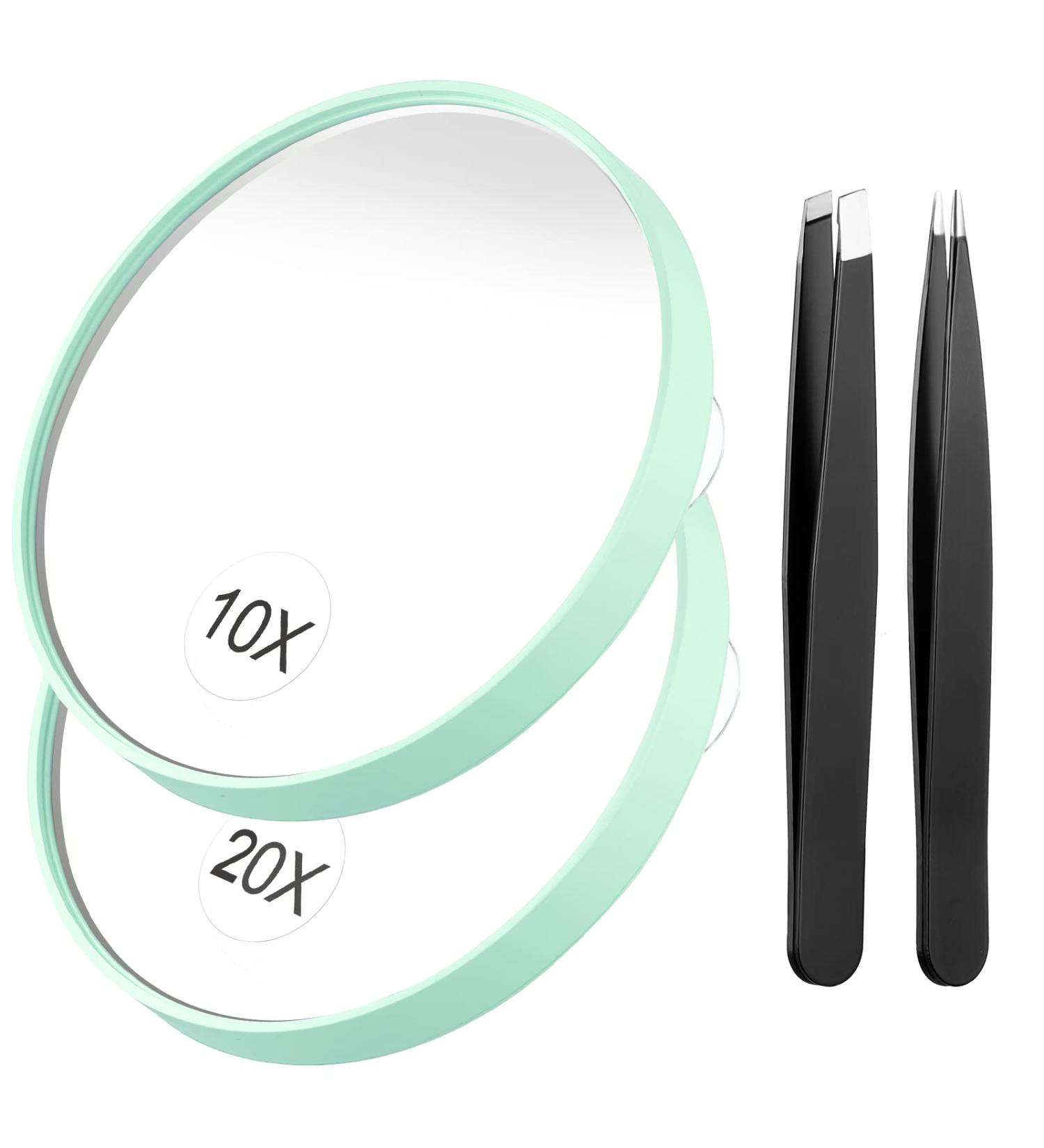 Funtopia 20X/10X Magnifying Mirror and Tweezers Kit - Compact Travel Mirror for Makeup, Eyebrow Tweezing, Blackhead & Blemish Removal - 3.5 Inch Green - Buy Online on SooperMarket.com