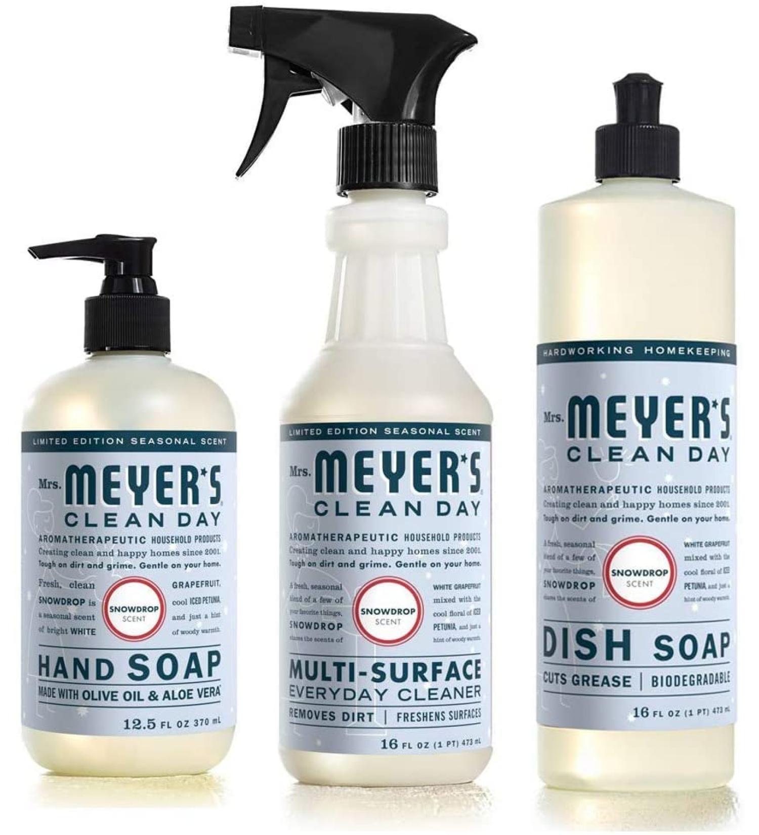 Mrs. Meyer's Snow Drop Kitchen Set Dish Soap Hand Soap Multi-Surface Cleaner 3 CT