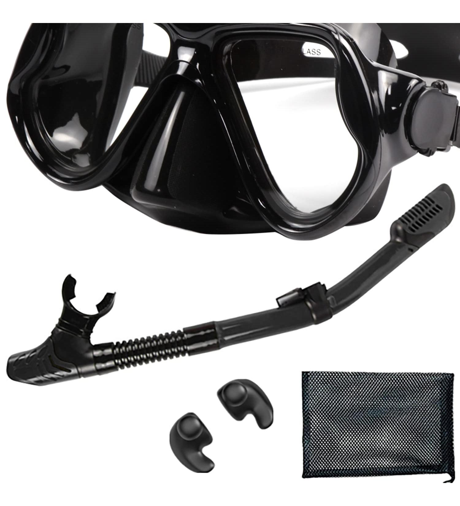 PIYAZI Adult Snorkel Set - Panoramic Wide View Mask, Anti-Fog Glass, Full Dry Top Snorkel - Perfect for Scuba Diving and Swimming - Includes Travel Bag and Ear Plug - Black - Buy Online on SooperMarket.com
