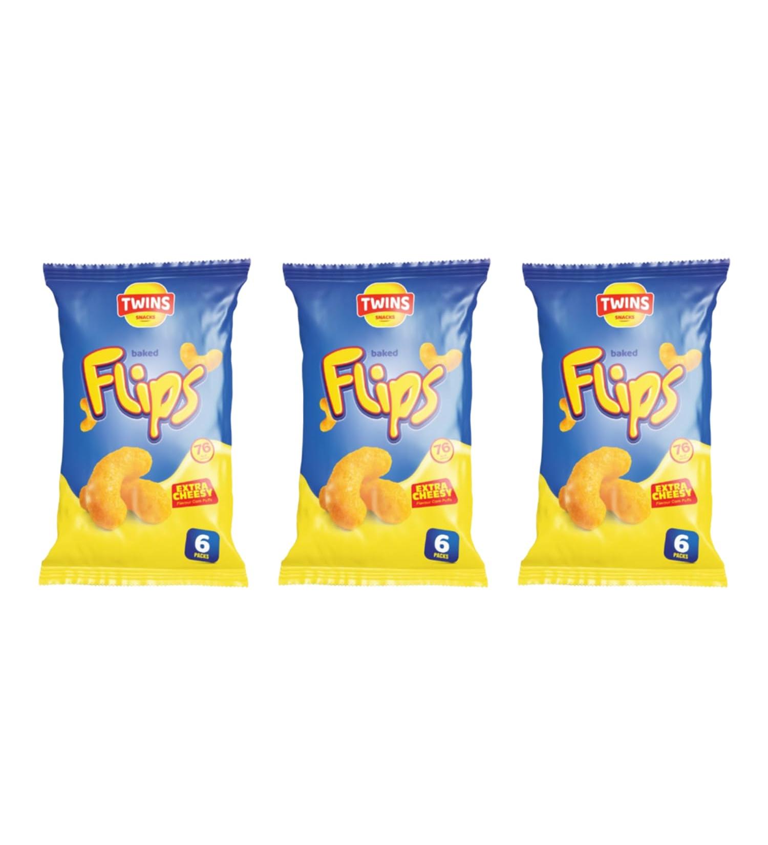 Twins Snacks Baked Puffs - Crunchy and Flavorful Snack Bites for Every Occasion - On-the-go Munchies - Anytime & Anywhere Eat - Enjoy at Home School Work (Pack of 3 Flips (Extra Cheesy)) Flips (Extra Cheesy) 100.00 g (Pack of 3) - Buy Online on SooperMarket.com