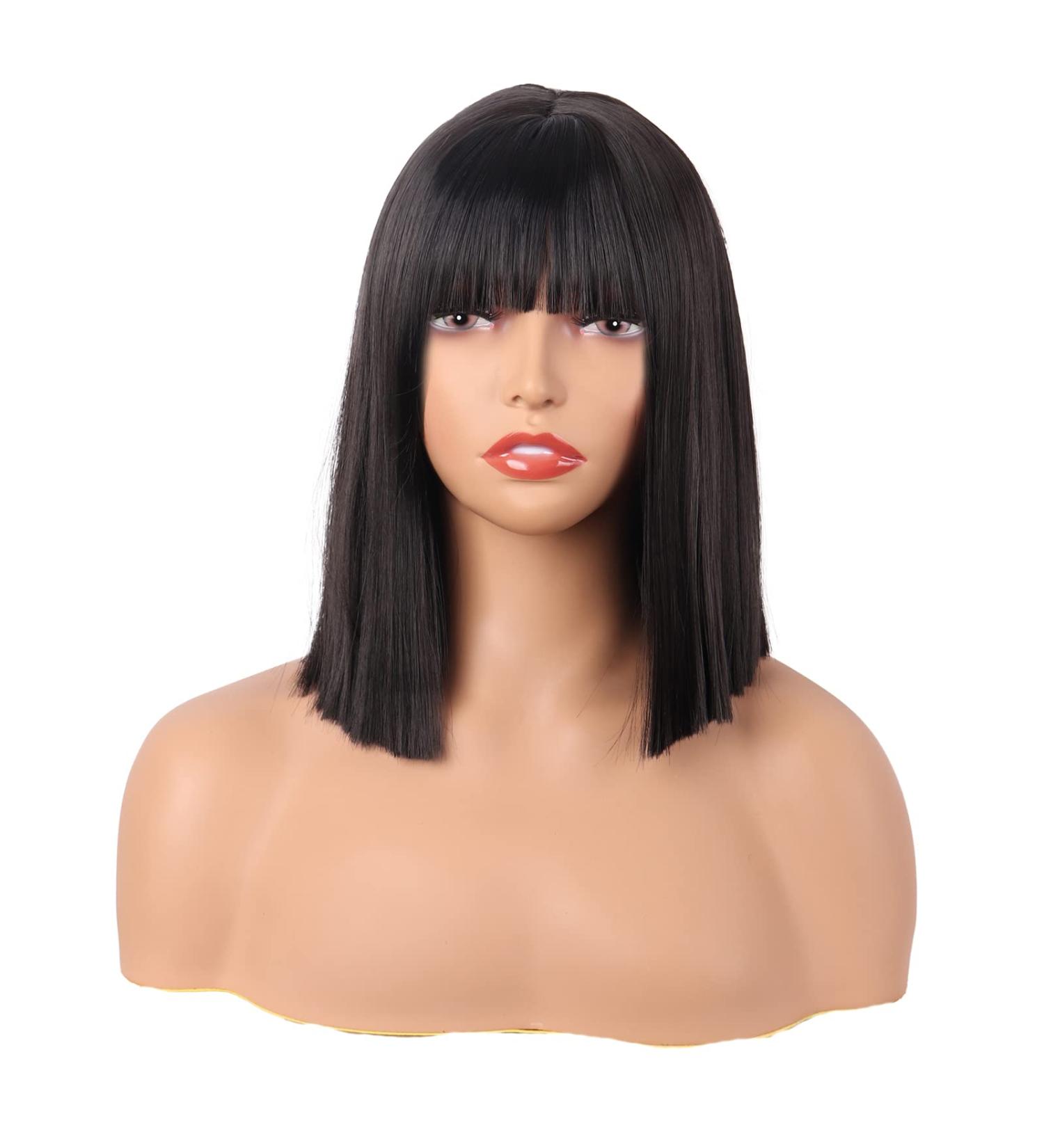 MapofBeauty 12 Inch/30 cm Straight Bob Flat Bangs Short Colorful Synthetic Hair Cosplay Party Wig (Black) - Buy Online on SooperMarket.com