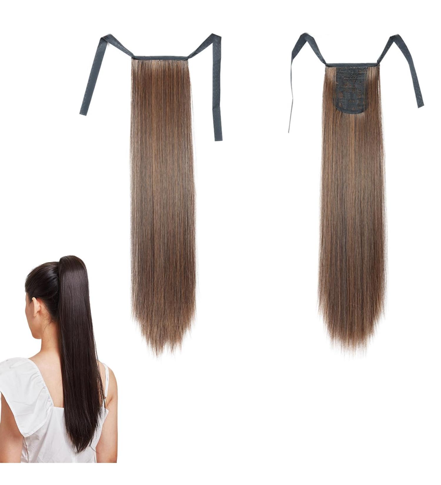 Clip In Ponytail Hair Extension - Ombre Brown Straight Wrap Around Synthetic Hairpiece for Women | 22 inch - GBMW046 - Buy Online on SooperMarket.com