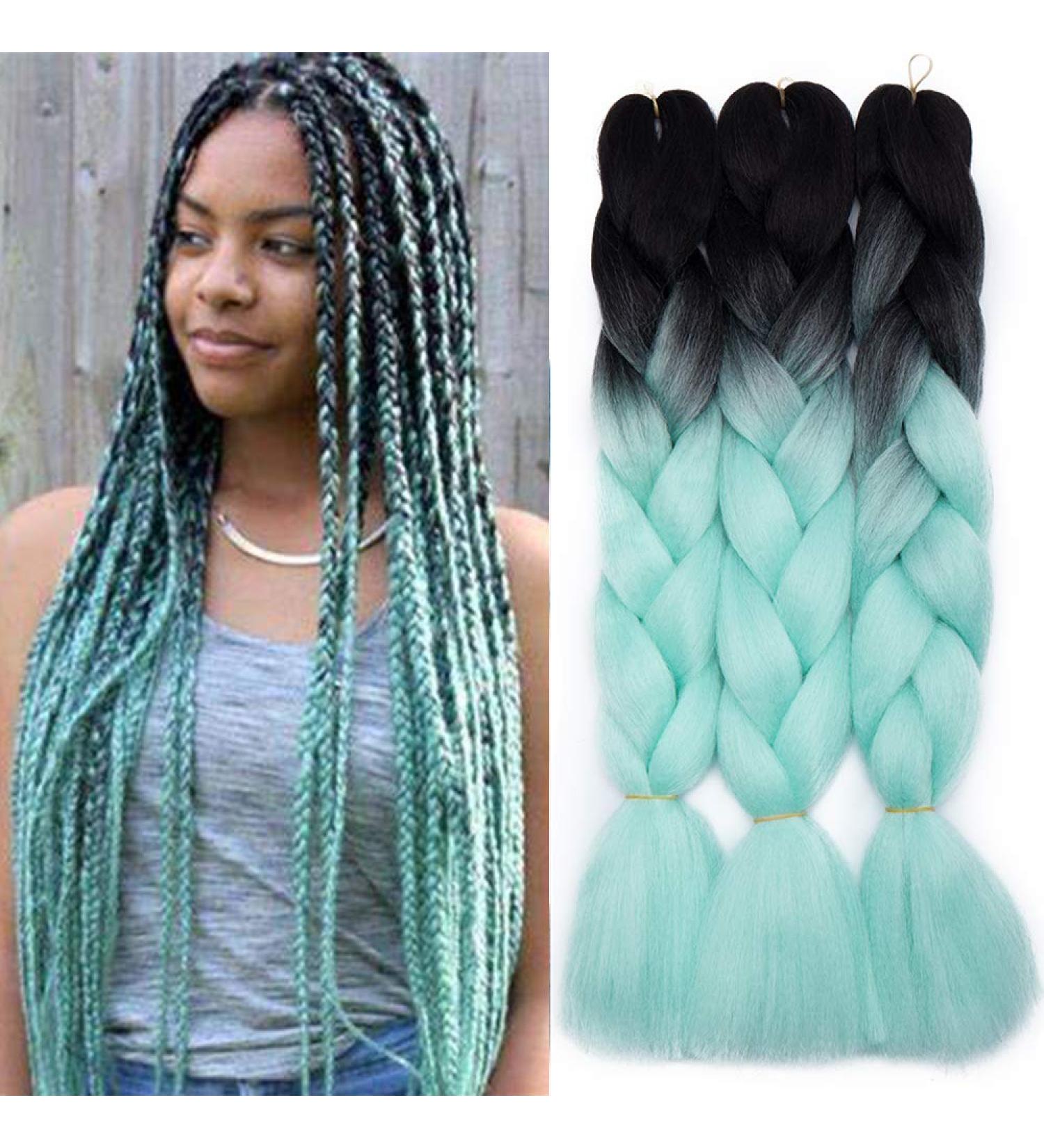 Tess Braids Extensions 60 cm - 3 Pack Jumbo Kanecalon Hair Braids for Box Braids - Ombre Black/Light Green - 100g Bundle - Buy Online on SooperMarket.com