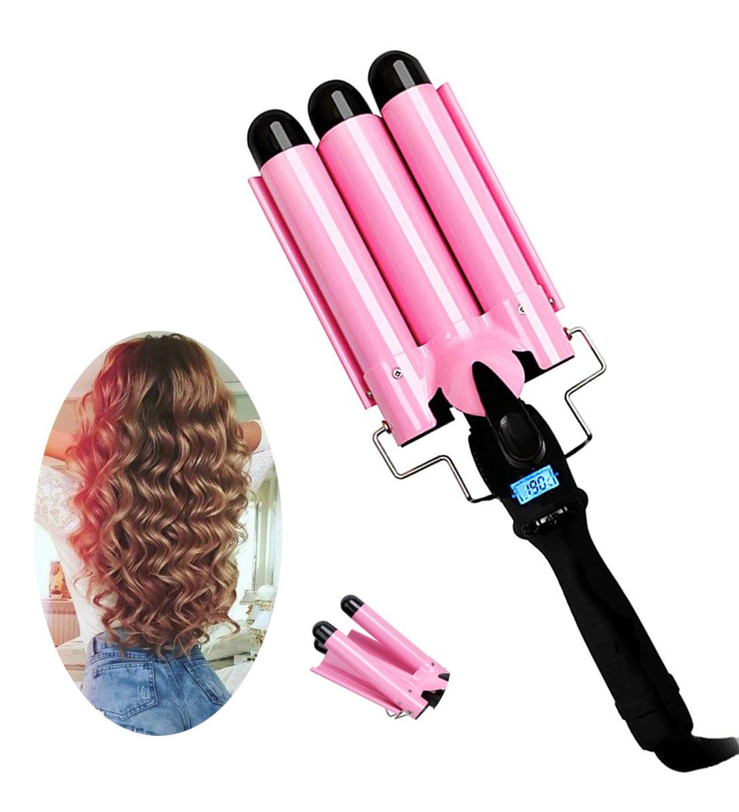 3 Barrel Curling Iron with LCD Temperature Display - 1 Inch Ceramic Hair Crimper for Deep Waves and All Styles - Buy Online on SooperMarket.com