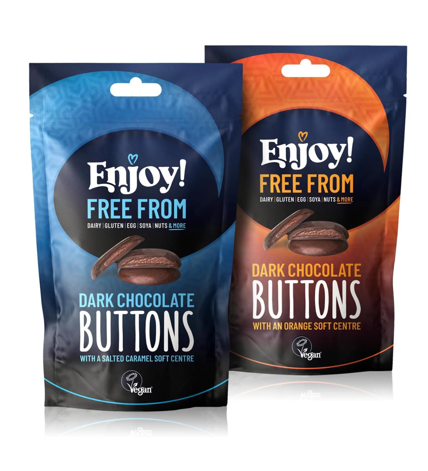 Enjoy! Delicious Vegan Chocolate Buttons | 2 X Packs of Flavour Filled Buttons-Mixed Flavour Gift Pack (Salted Caramel & Orange) | Vegan Dairy & Gluten Free 70% Dark Chocolate | 96g per bag Mixed Pack (Orange & Salted Caramel) - Buy Online on SooperMarket.com