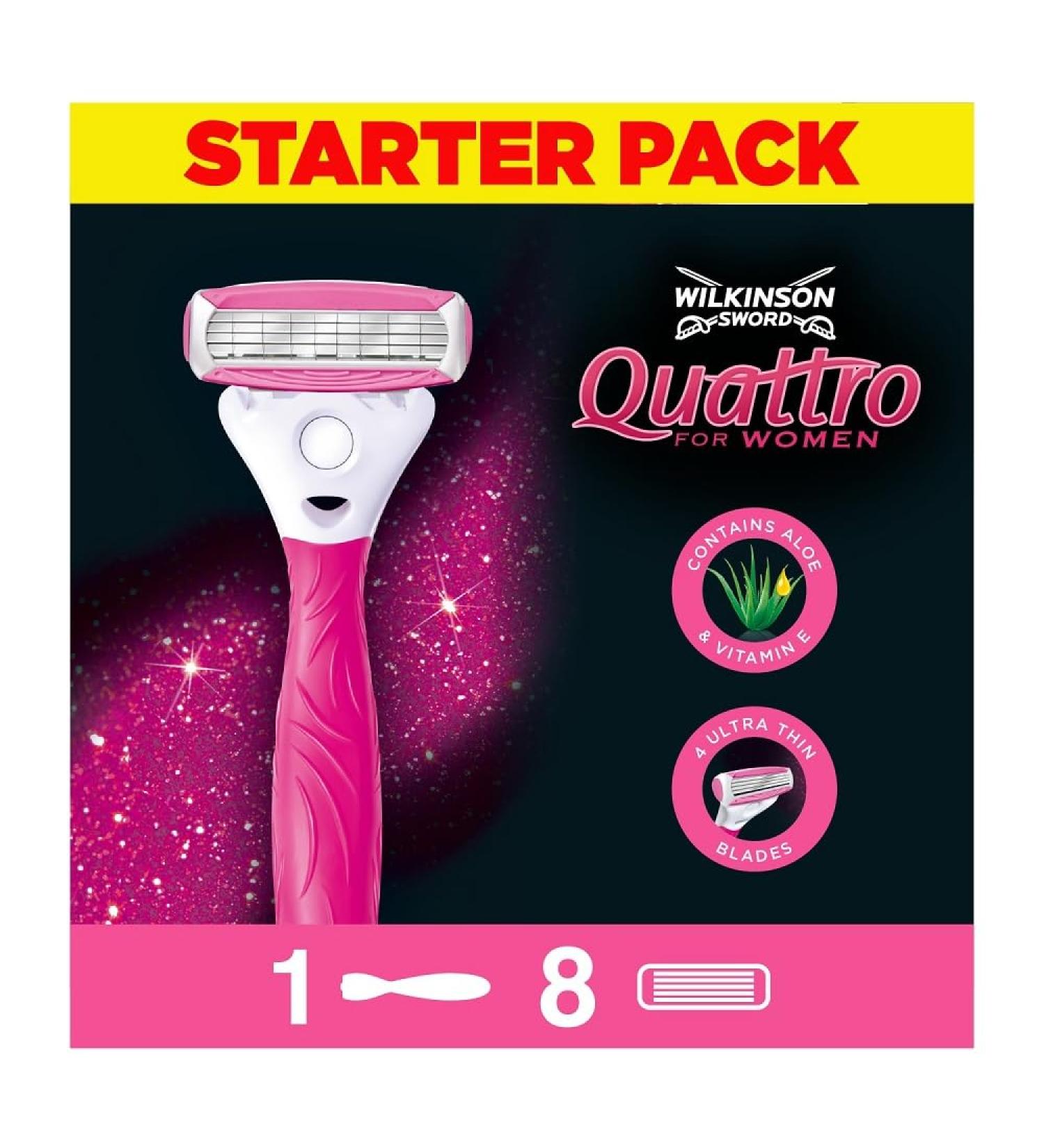 WILKINSON SWORD - Quattro For Women | Smooth Glide| Razor Handle + 8 Blade Refills 1 count (Pack of 1) - Buy Online on SooperMarket.com