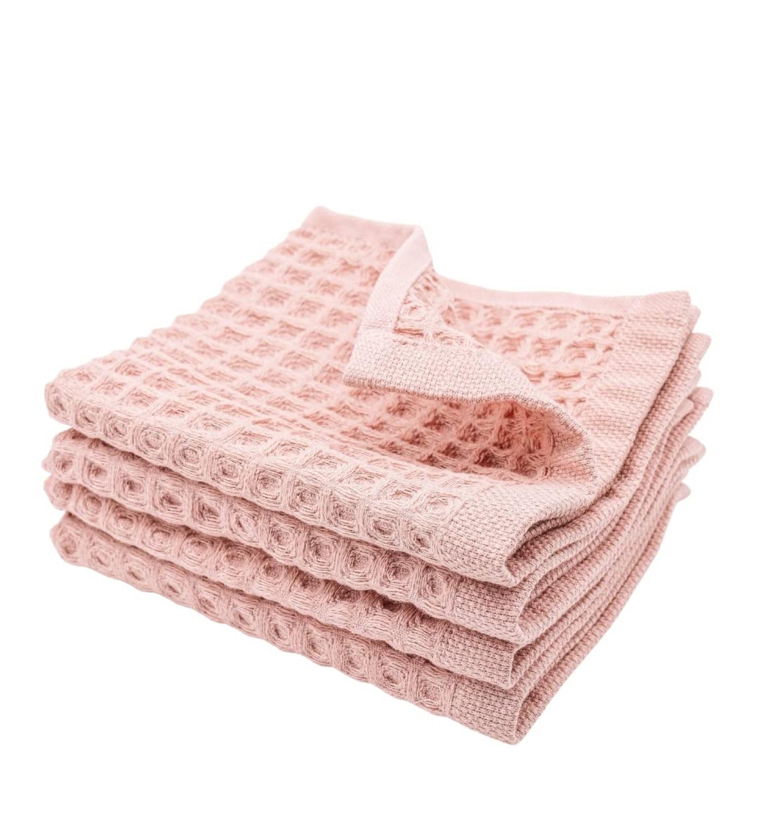 Set of 4 Powder Pink 100% Cotton Waffle Washcloths - 13x13 inches - Luxurious & Absorbent - Buy Online on SooperMarket.com
