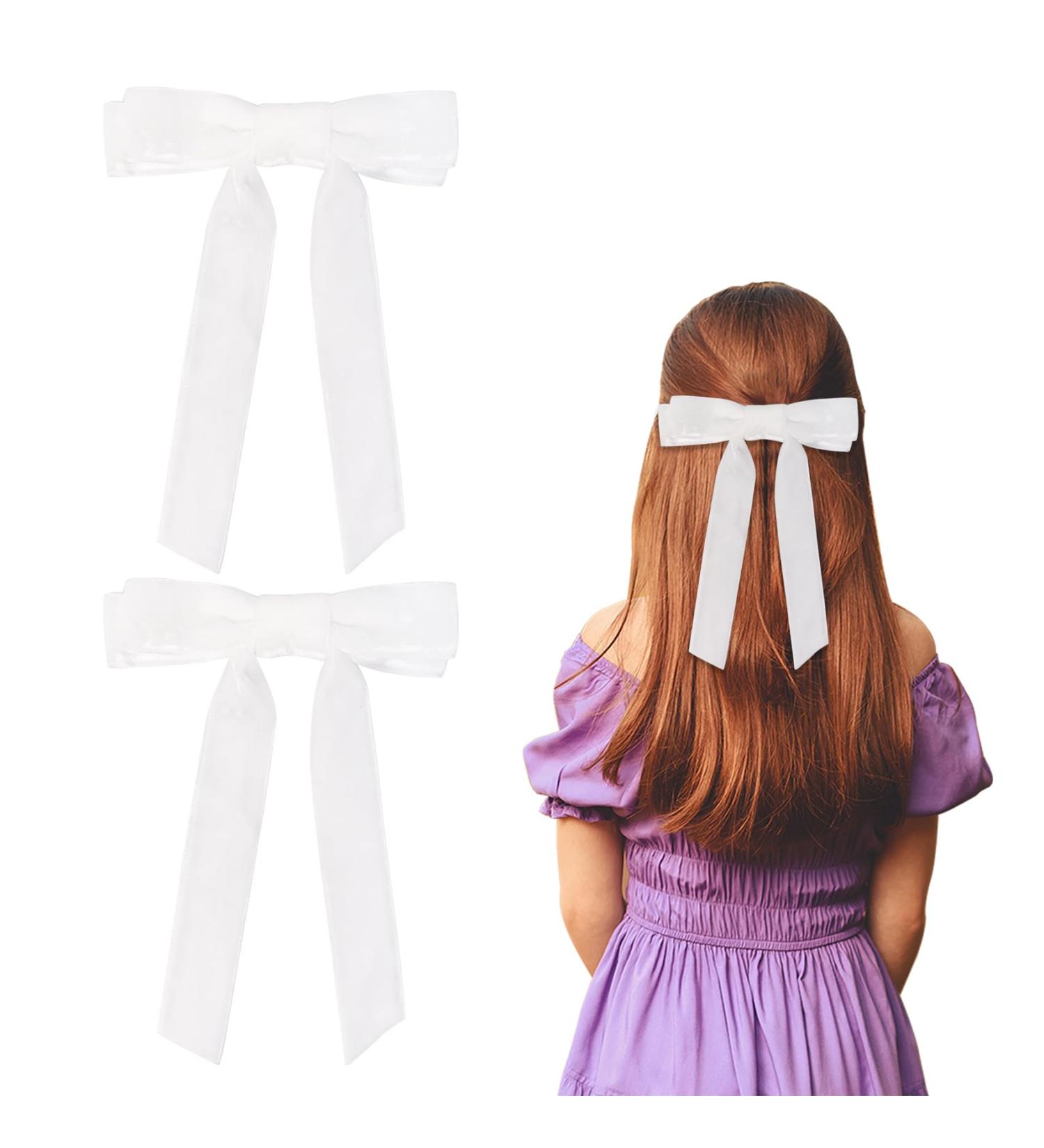 2Pcs Velvet White Bow Hair Clips with Long Ribbon - Vintage Hair Accessories for Girls and Women - Buy Online on SooperMarket.com