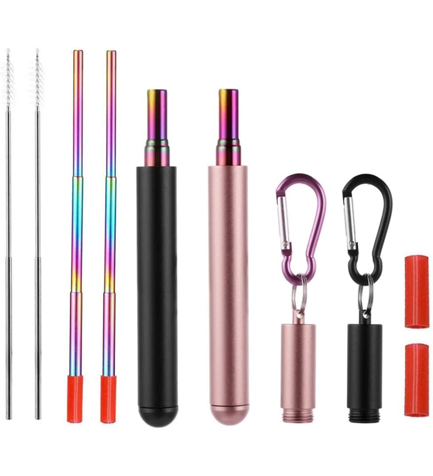 Chargenyang 2 Pack Telescopic Reusable Straw Collapsible Stainless Steel Straws Portable Metal Drinking Straws with Aluminum Key-Ring Case & Cleaning Brush for Travel Home Work.(Black and Rose Gold) - Buy Online on SooperMarket.com