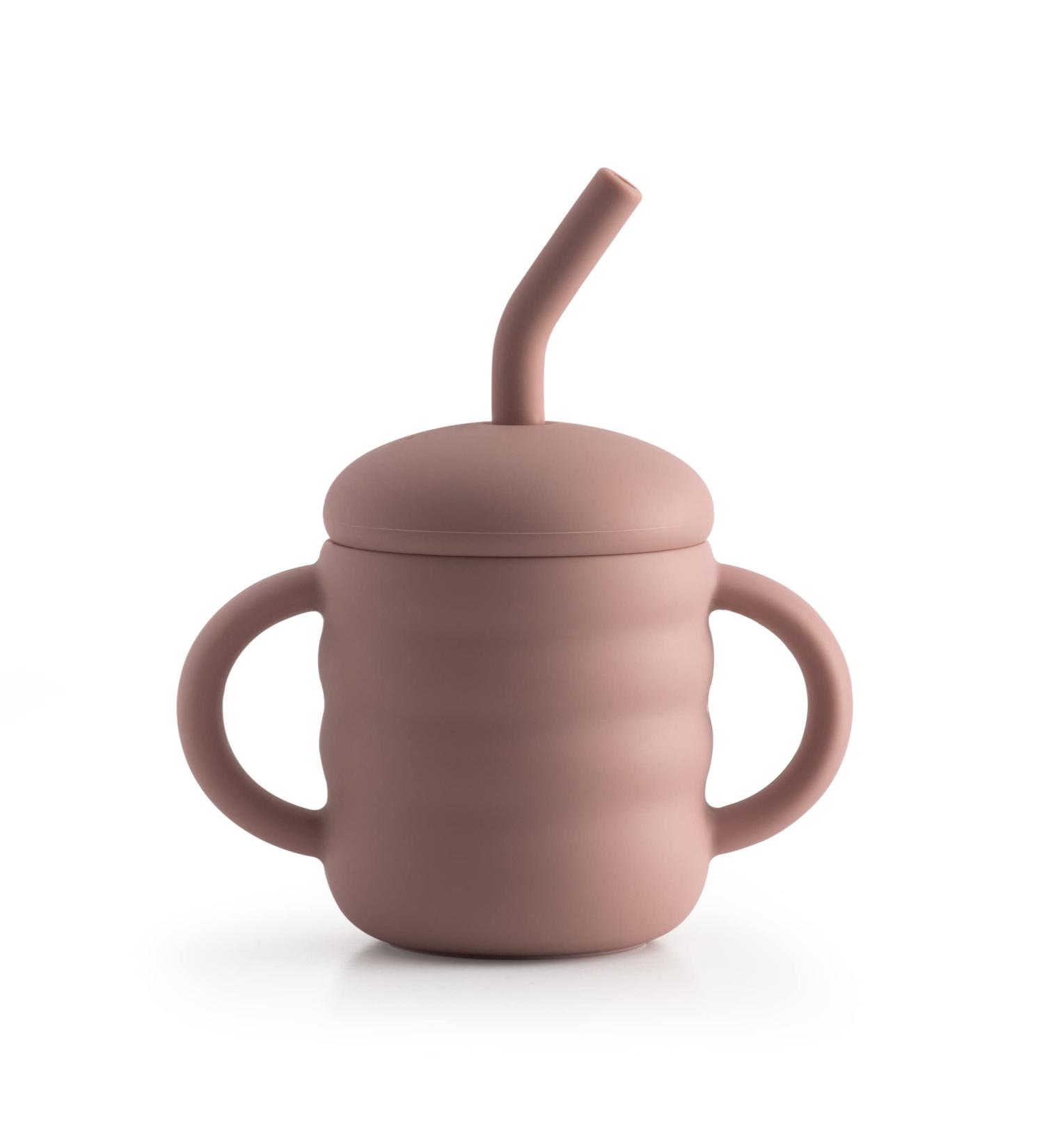 Cute 2-1 Silicone Straw Sippy Cup - 5.4oz Spill-proof for Babies 6+ Months - Double Handles, Angled Straw, Grooved Body, Includes Cleaning Brush (Pink) - Buy Online on SooperMarket.com