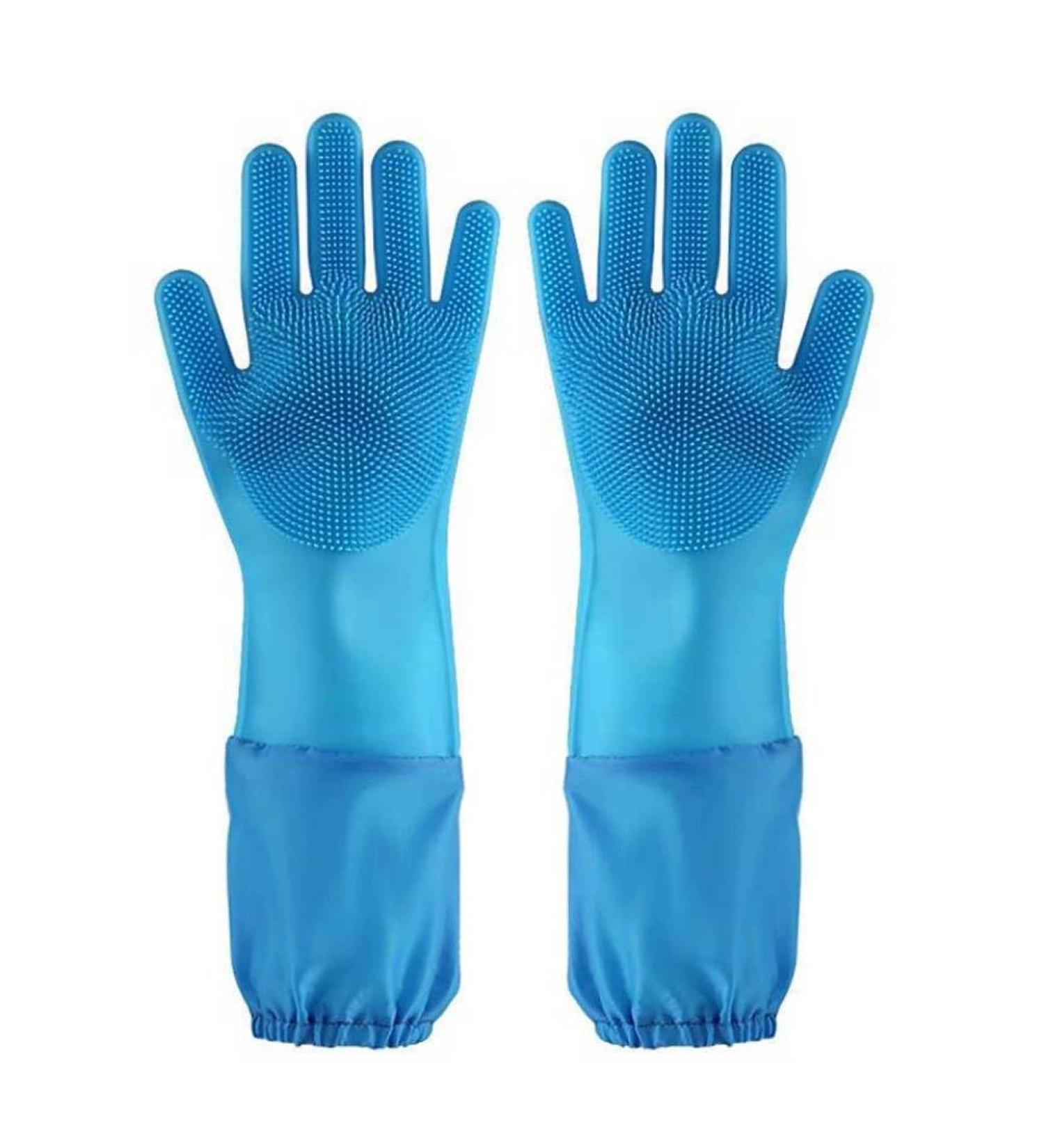 Rubber Dishwashing Gloves Extra Long Sleeves Cleaning Scrubber Gloves Waterproof Mittens 1Pair Blue. - Buy Online on SooperMarket.com