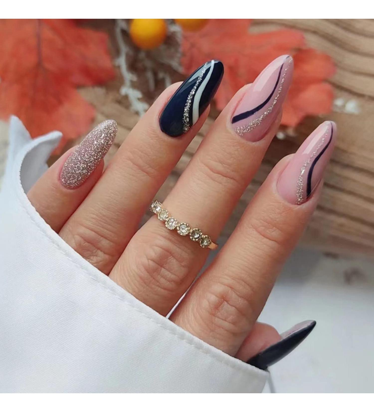 JUSTOTRY 24 Pcs Gold Swirl Stiletto Short False Nails Pink French Press on Nails - Beautiful Fake Nails with Nail Glue, Almond Medium Stick on Nails for Women - Buy Online on SooperMarket.com
