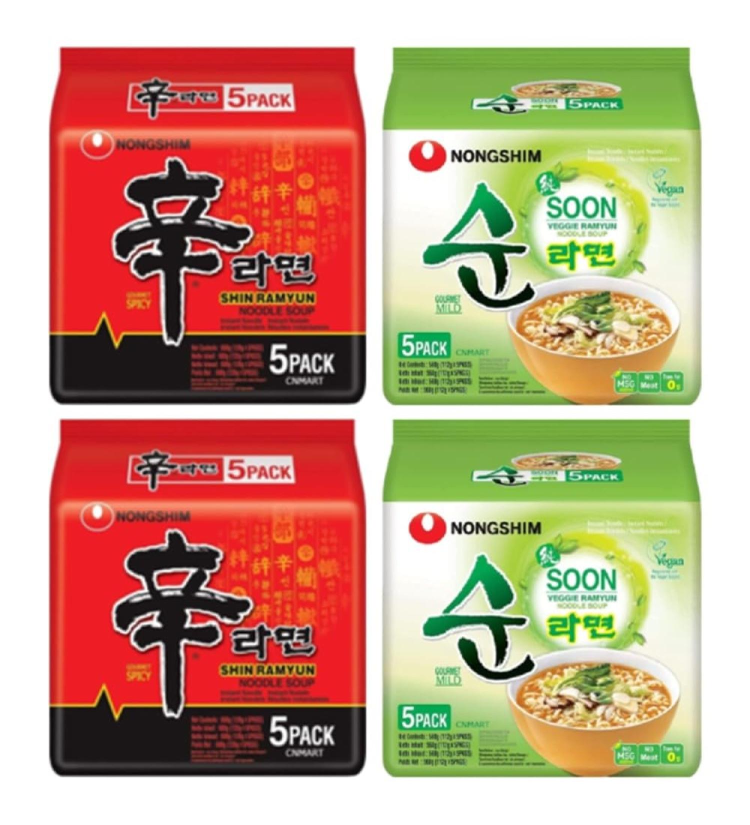 Nongshim Ramen Assorted Bundle Shin Ramyun Soon Veggie Ramyun Instant Noodle Soup 2 Flavours Box Halal (Pack of 20) by CNMART - Buy Online on SooperMarket.com