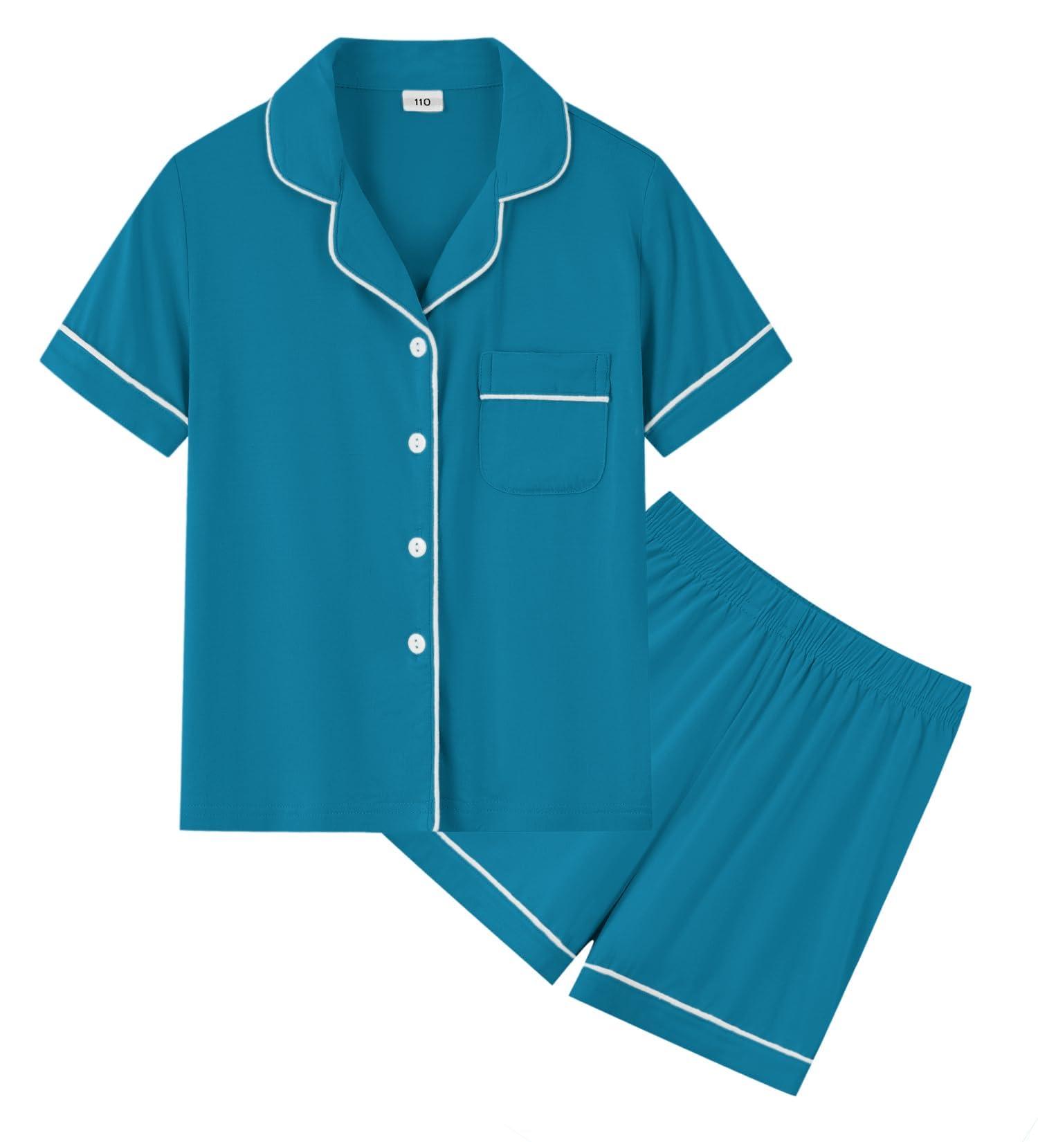 SWOMOG Unisex Kids Modal Pyjamas Set | Short Sleeve Button-Down PJs | 6-7 Years Turquoise - Buy Online on SooperMarket.com