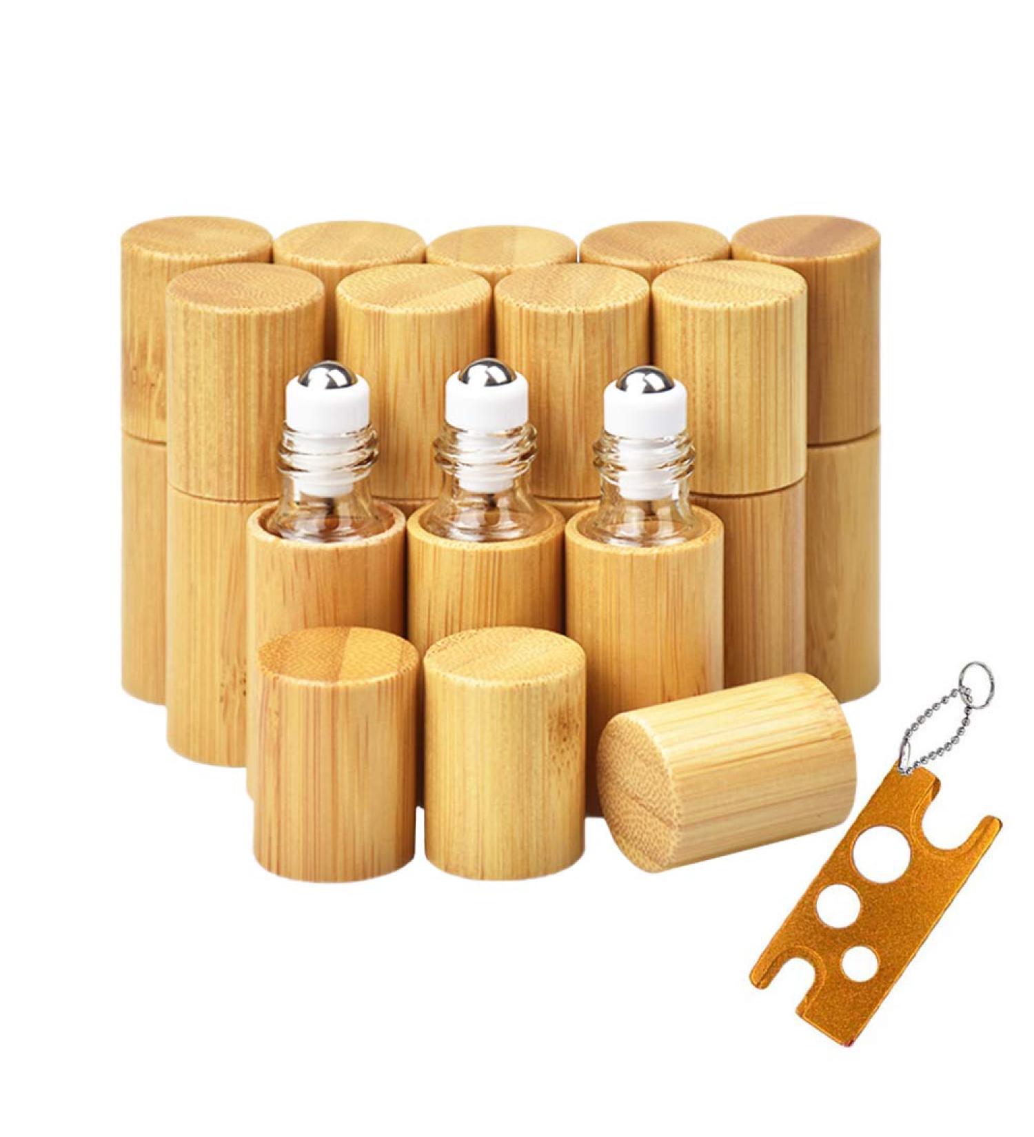 12 Pack Roll On Bottles for Essential Oils with Bamboo Bowl | Merysan 5ml Refillable Containers | Aromatherapy Fragrance Bottles with Stainless Steel Balls - Buy Online on SooperMarket.com