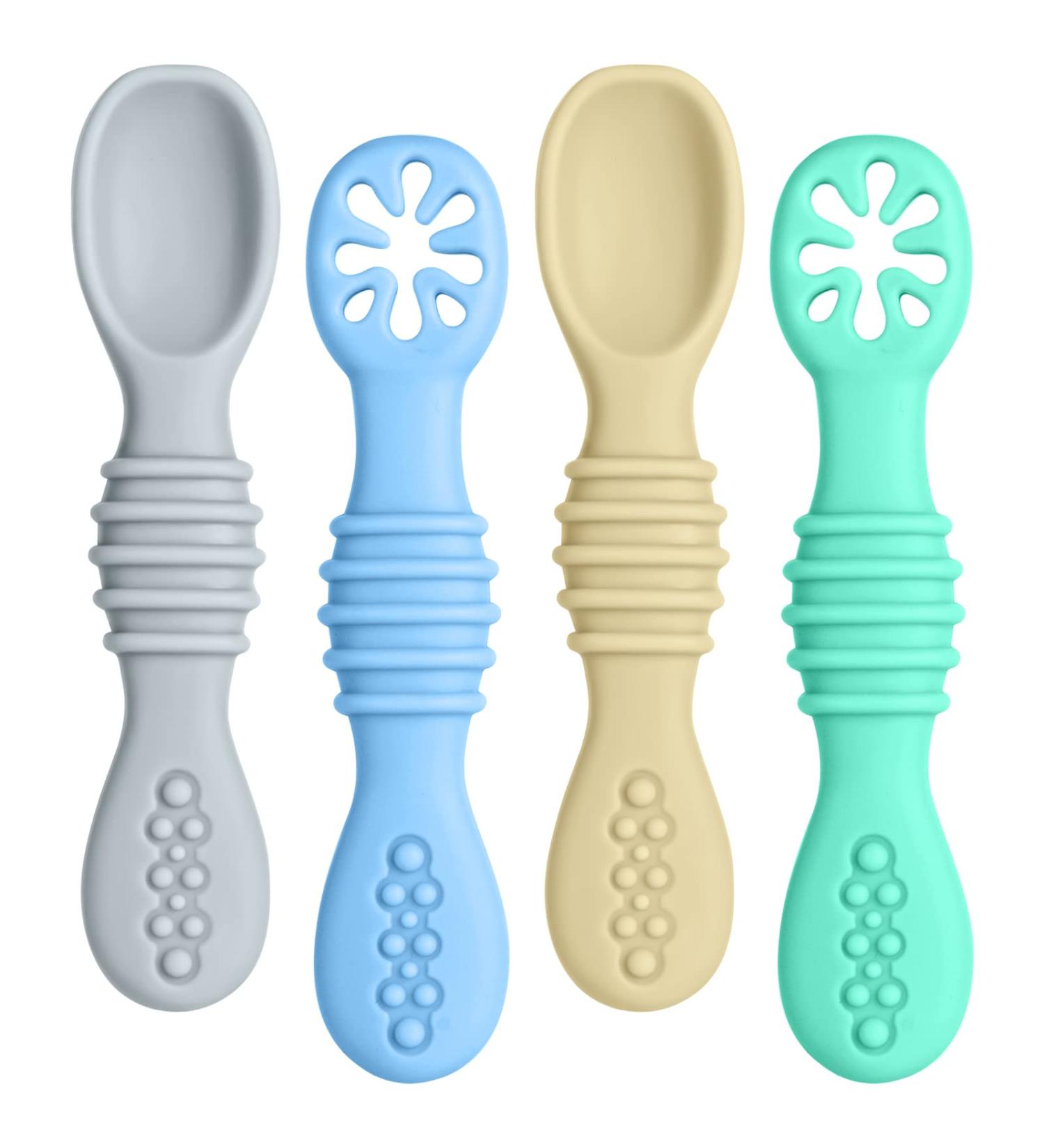Vicloon Baby Fork and Spoon Set 4Pcs Silicone Spoon Baby Weaning Spoon Set Self Feeding Utensil Easy Grip Soft Baby Spoon Toddler Cutlery Kit for Infant Toddler Children First Led Training Weaning Blue/Green/Grey/Khaki - Buy Online on SooperMarket.com