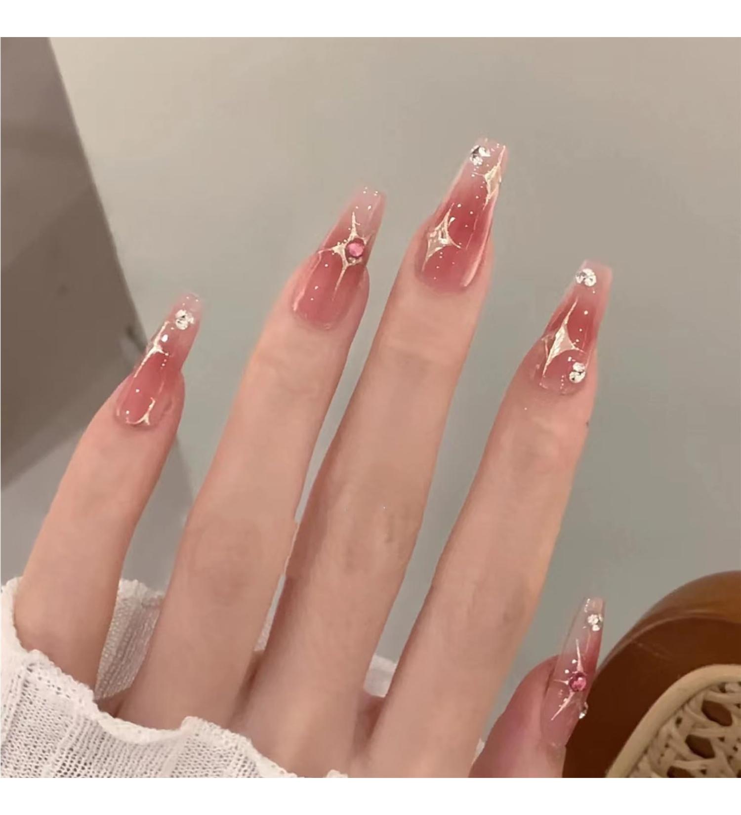 Shop Moguri 24-Piece Pink Diamonds Artificial Nails - Glossy Medium Length Acrylic with Stars Moon & Blush Designs - International Shipping Available - Buy Online on SooperMarket.com