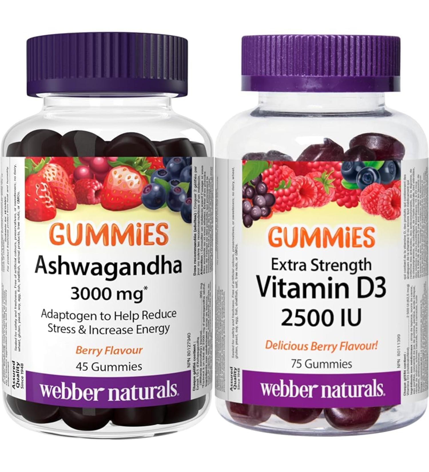 Webber Naturals Ashwagandha Gummy 45 Berry Flavoured Gummies Helps to Reduce Stress & Vitamin D3 2500 IU 75 Gummies For Healthy Bones Teeth - Buy Online on SooperMarket.com