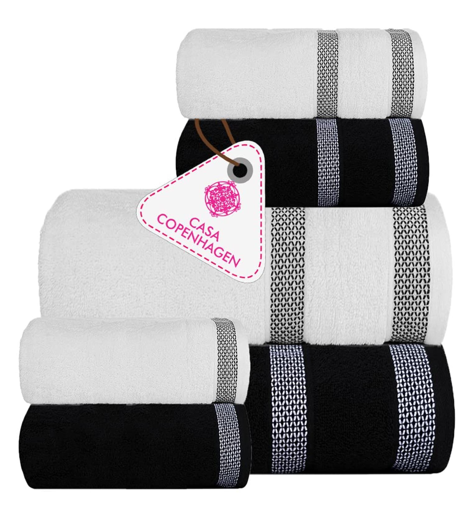 CASA COPENHAGEN Solitaire 600 GSM 6-Piece Towel Set - Black + White | Super Soft Egyptian Cotton Towels for Bathroom, Kitchen & Shower - Buy Online on SooperMarket.com