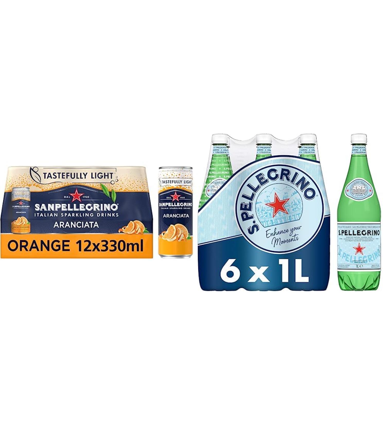 San Pellegrino Italian Tastefully Light Sparkling Orange Canned Soft Drink 12 x 330ml | 64k Cals per Can & San Pellegrino Sparkling Natural Mineral Water 6x1L - Buy Online on SooperMarket.com