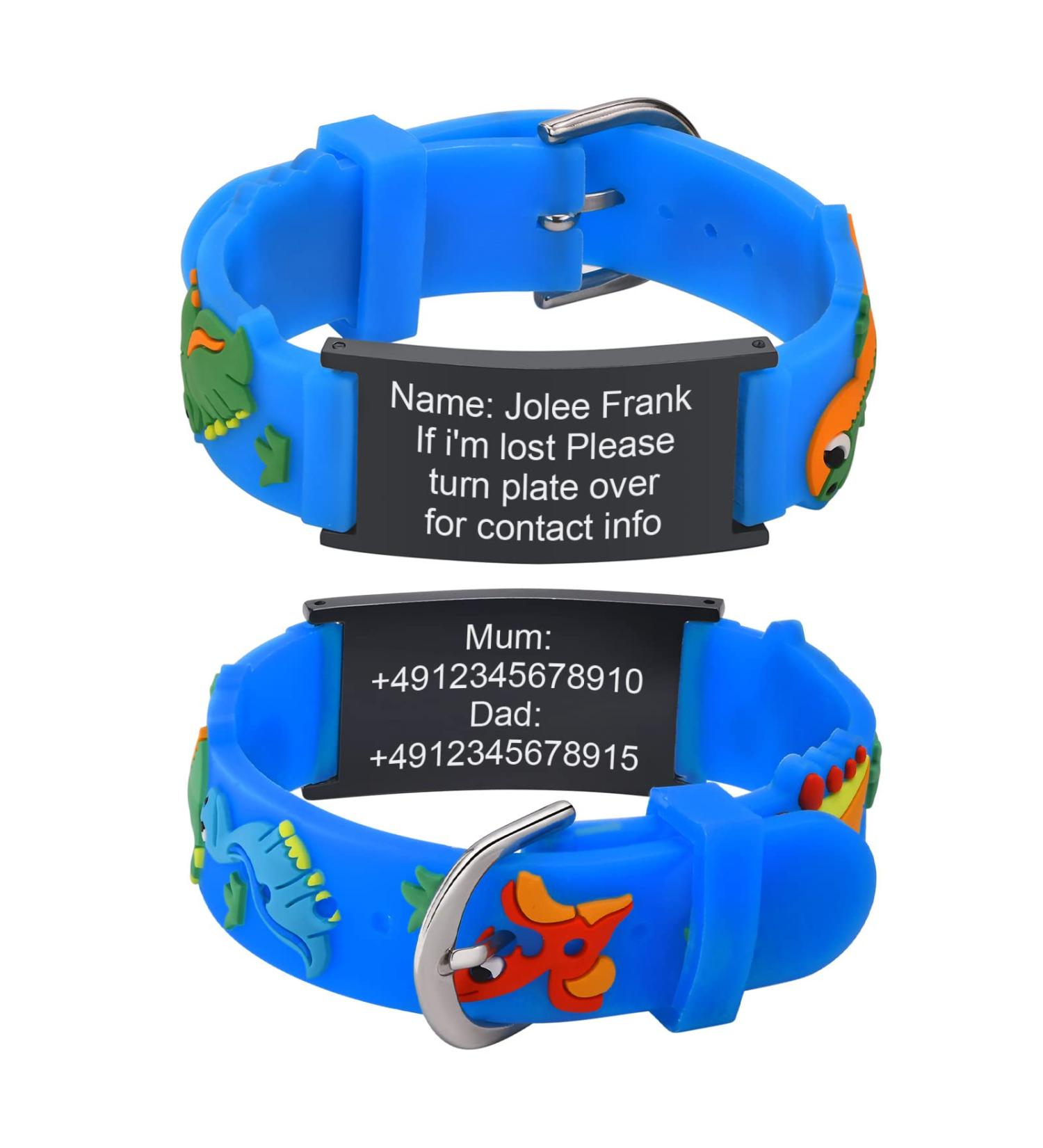Customised Kids Safety ID Wristband - Personalised Medical Alert Bracelet for Boys and Girls - Dinosaur Design in Blue and Black - Buy Online on SooperMarket.com