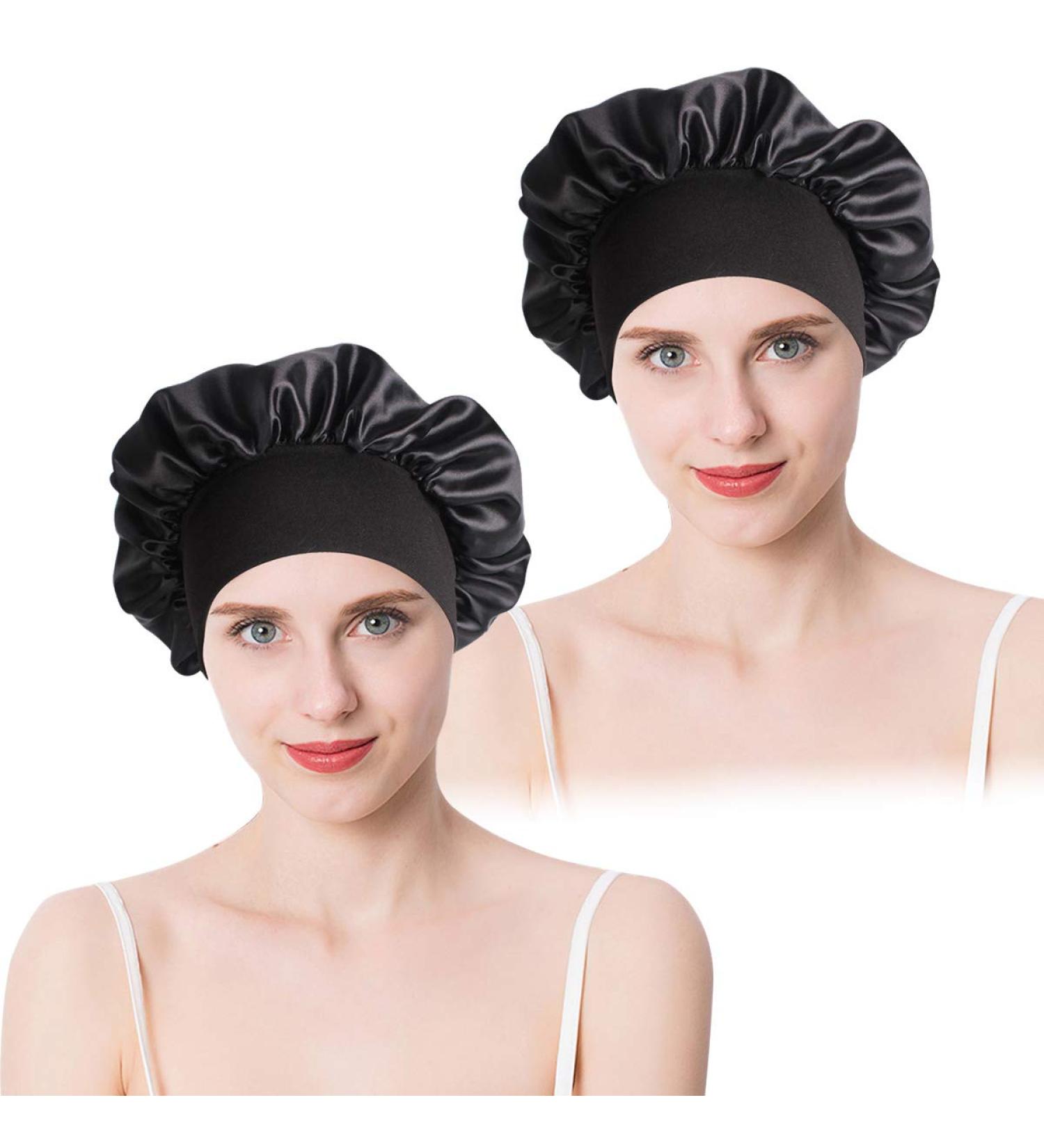 2 Pack Satin Bonnet Night Sleep Caps with Wide Elastic Band Silk Hair Wrap for Sleeping Soft Sleeping Head Cover Sleeping Hat for Women and Girls Curly Hair (Black) - Buy Online on SooperMarket.com