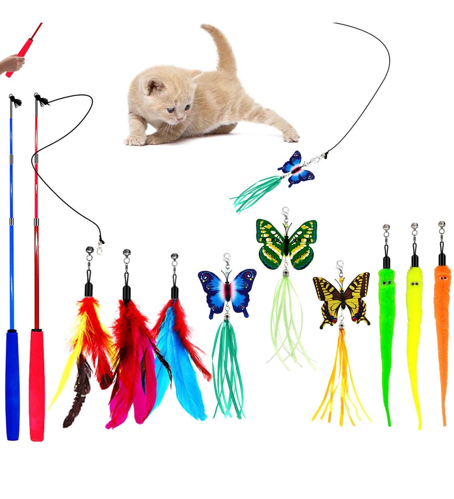 OODOSI Interactive Cat Wand Toy with 2 Poles & 9 Attachments - Fun Feather Toy for Indoor Kittens and Cats - Buy Online on SooperMarket.com