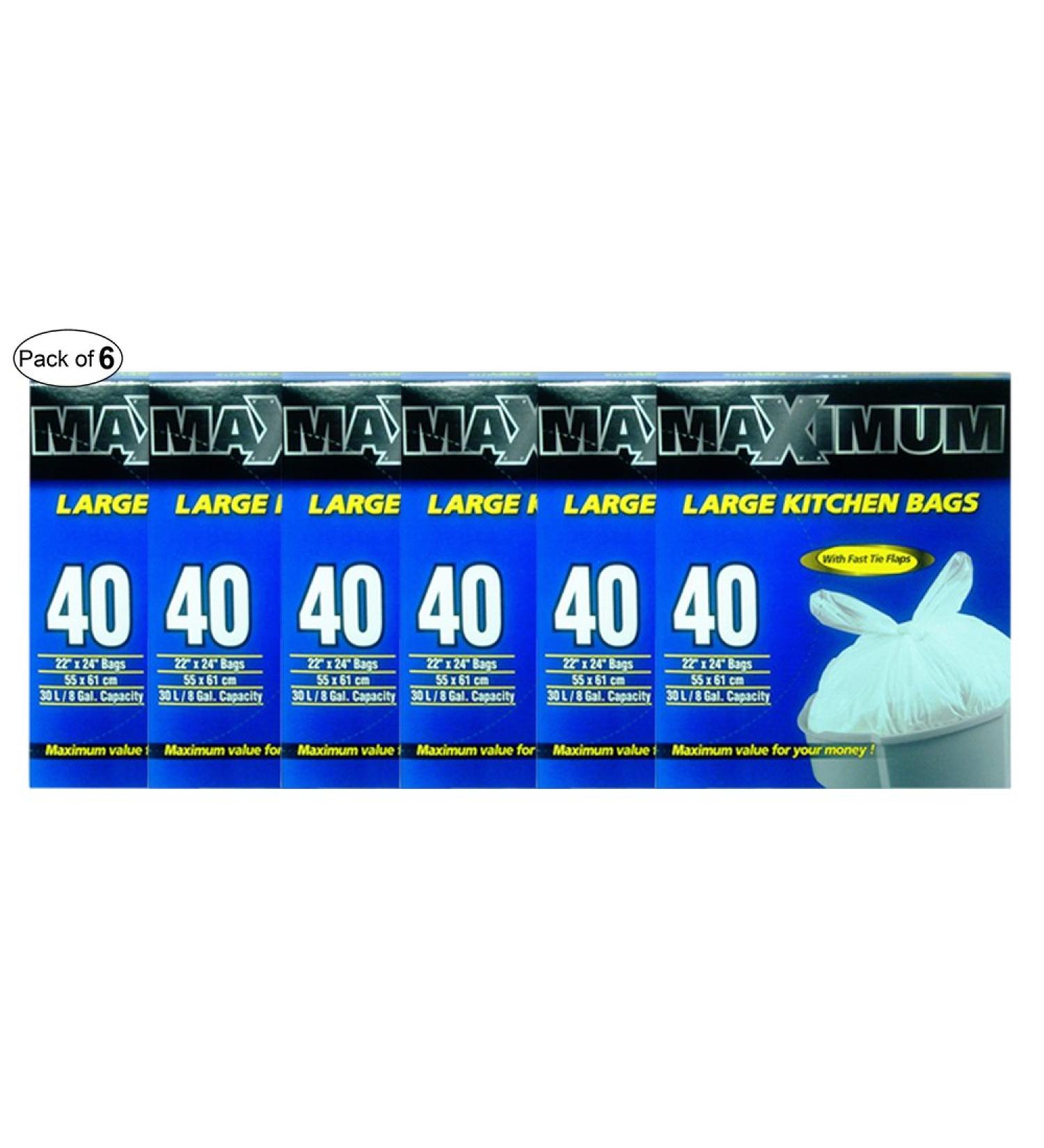 Maximum Large Kitchen Bags With Fast Tie Flaps (40 Bags) (Pack of 6)