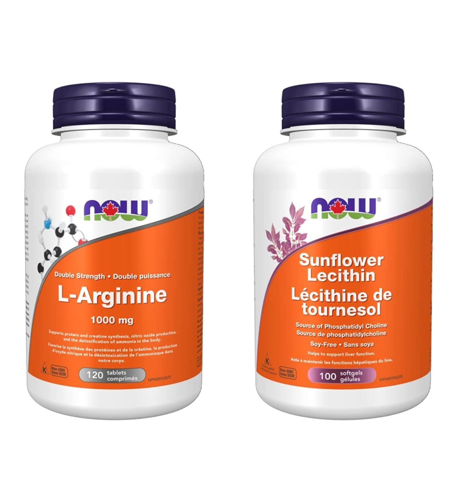 NOW Supplements L-Arginine 1000mg Tablets (120 Count) + NOW Sunflower Lecithin 1200mg Softgels (100 Count) L-Arginine Tablets + Softgels 1200mg