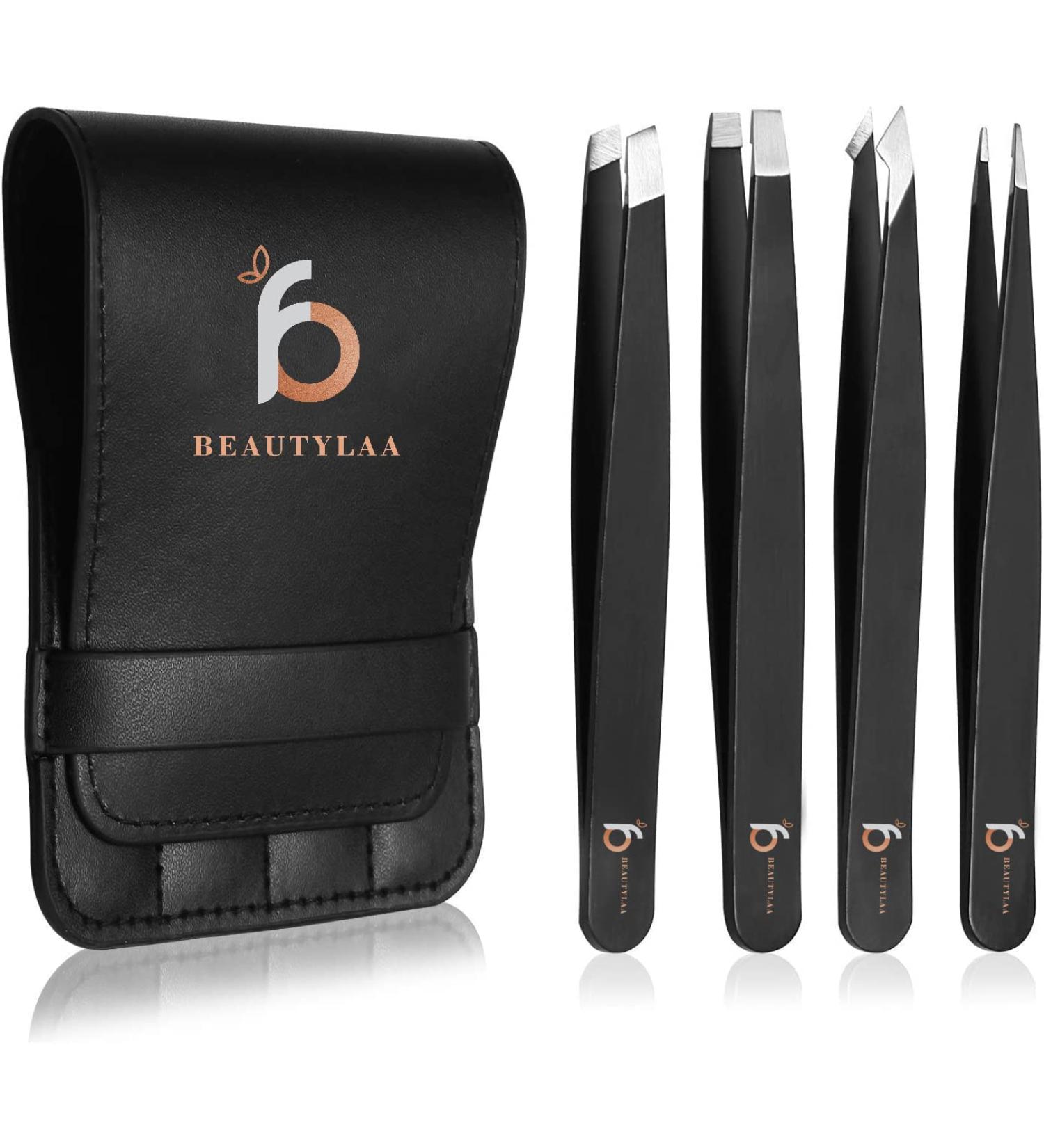 Beautylaa Professional Anti-Rust Stainless Steel Tweezers for Men and Women - Precision Sharp Tweezer Set for Eyebrows and Facial Hair with Travel Case - 4 Pack - Buy Online on SooperMarket.com