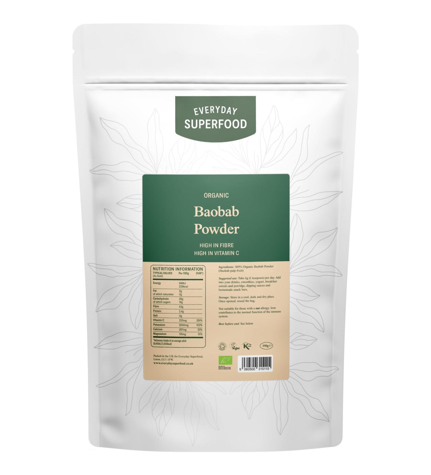 Everyday Superfood Organic Baobab Powder 190g High Vitamin C Perfect in Smoothies Tea and Baking 190 g (Pack of 1)
