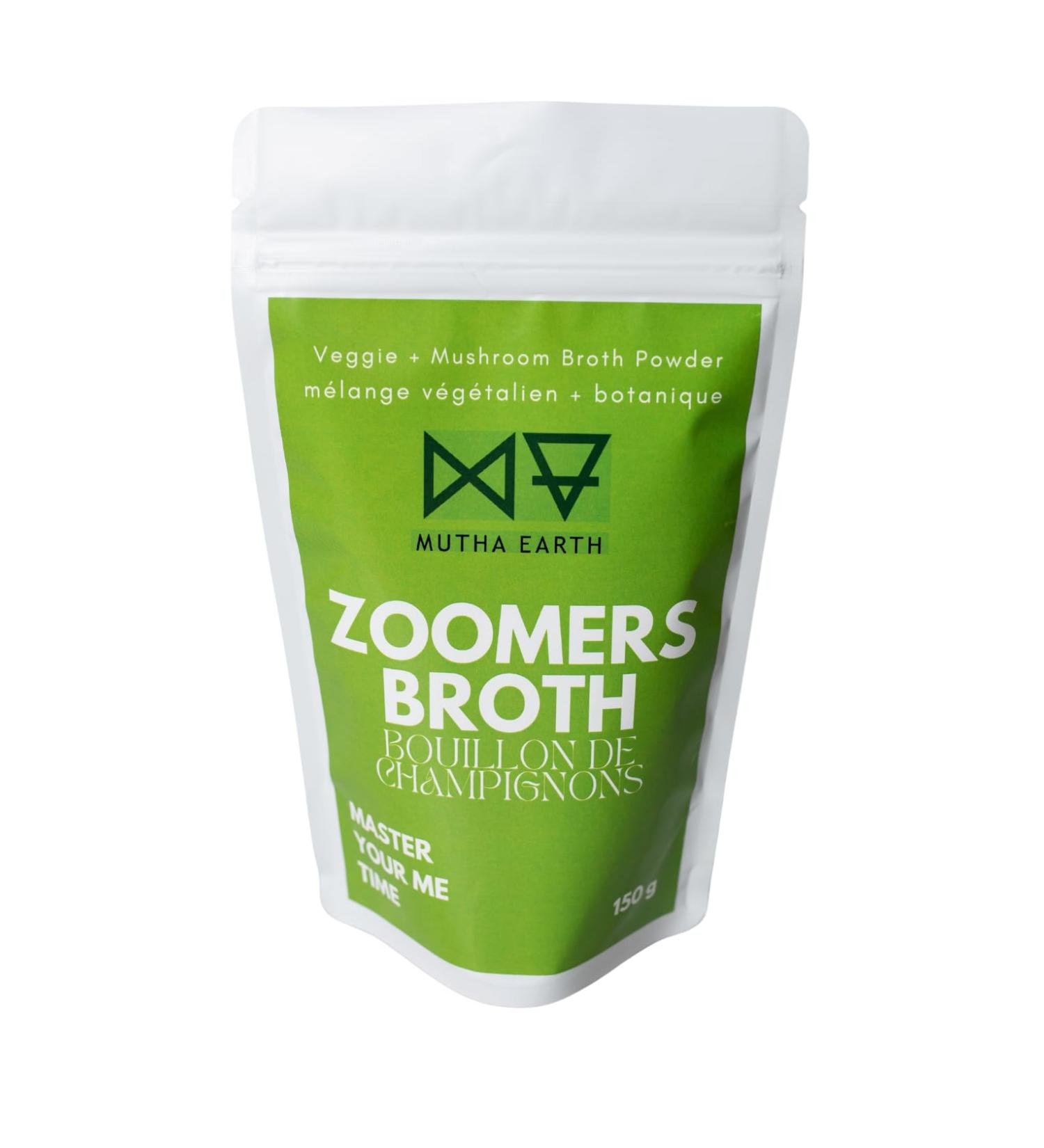 Mutha Earth Zoomers Organic Mushroom Broth Powder Vegan Umami Broth Mix with Reishi & Shiitake Mushroom Soup Base for Cooking Soups & Stews Gluten-Free & Nutrient-Rich for Gut Repair (200g) - Buy Online on SooperMarket.com