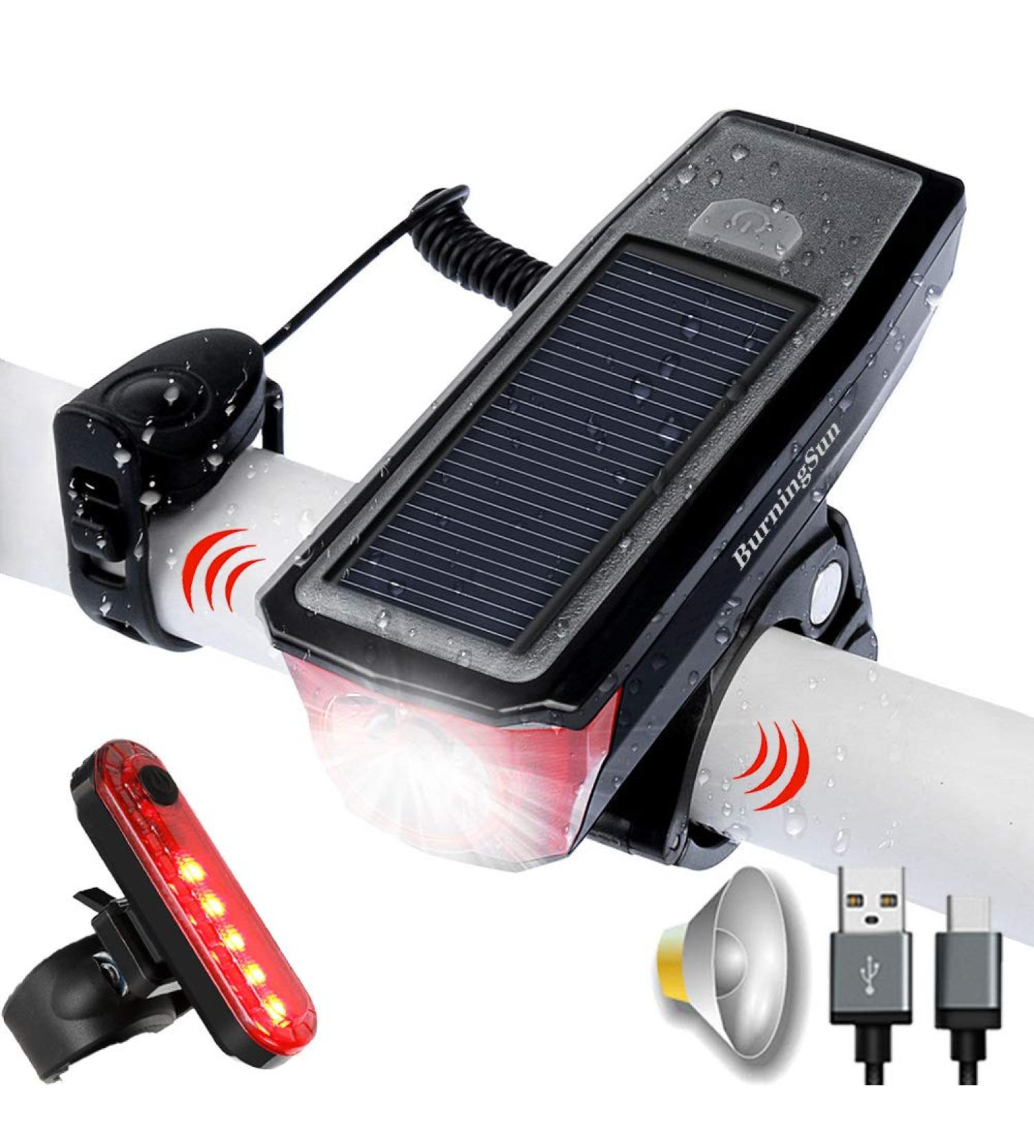 BURNINGSUN Bike Light Set & Horn - Solar Powered USB Rechargeable 4 Mode Headlight Taillight Combo for Cycling Safety + LED Speaker Bell - Buy Online on SooperMarket.com